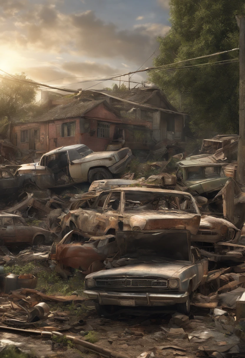 Melhor paisagem janglemelhor qualidade, HDR, ultra-detalhado, Realistic:1.37), post apocalyptic, Cidade abandonada em 3D, Destroyed buildings, Plane crashed, Car Cemetery, carros abandonados, Greenery next to buildings, Abandoned vehicles strewn and piled up, Sunset.