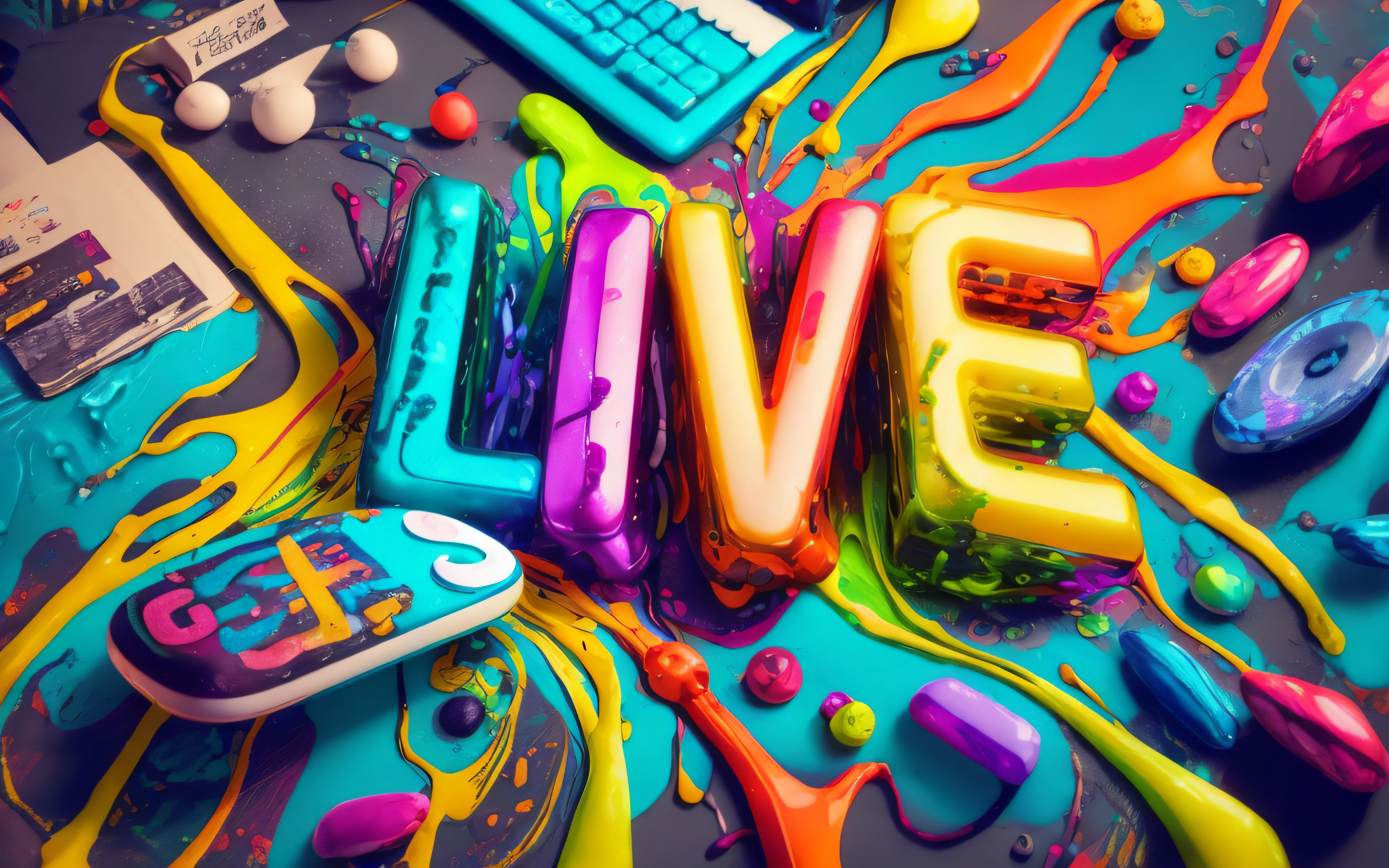 A closeup of a colorful computer keyboard and various objects, cores vivas, cinema 4d render colorido, arte digital colorida, arte digital colorida, trend on behance 3d art, trend on behance 3d art, viver, amazing splashscreen artwork, pintura digital vibrante, psychedelic color theme, pintura digital colorida, colorful vivid octane render, Symbols of living