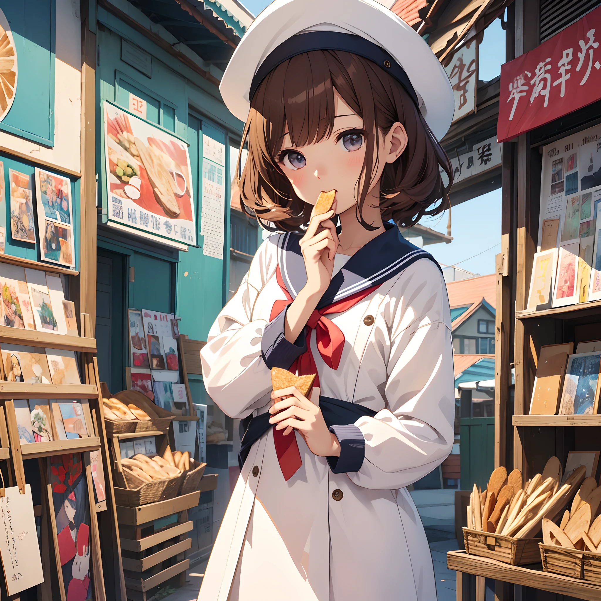 Wind Rattles Anime girl in a white coat eating a sandwich in a bakery - SeaArt AI