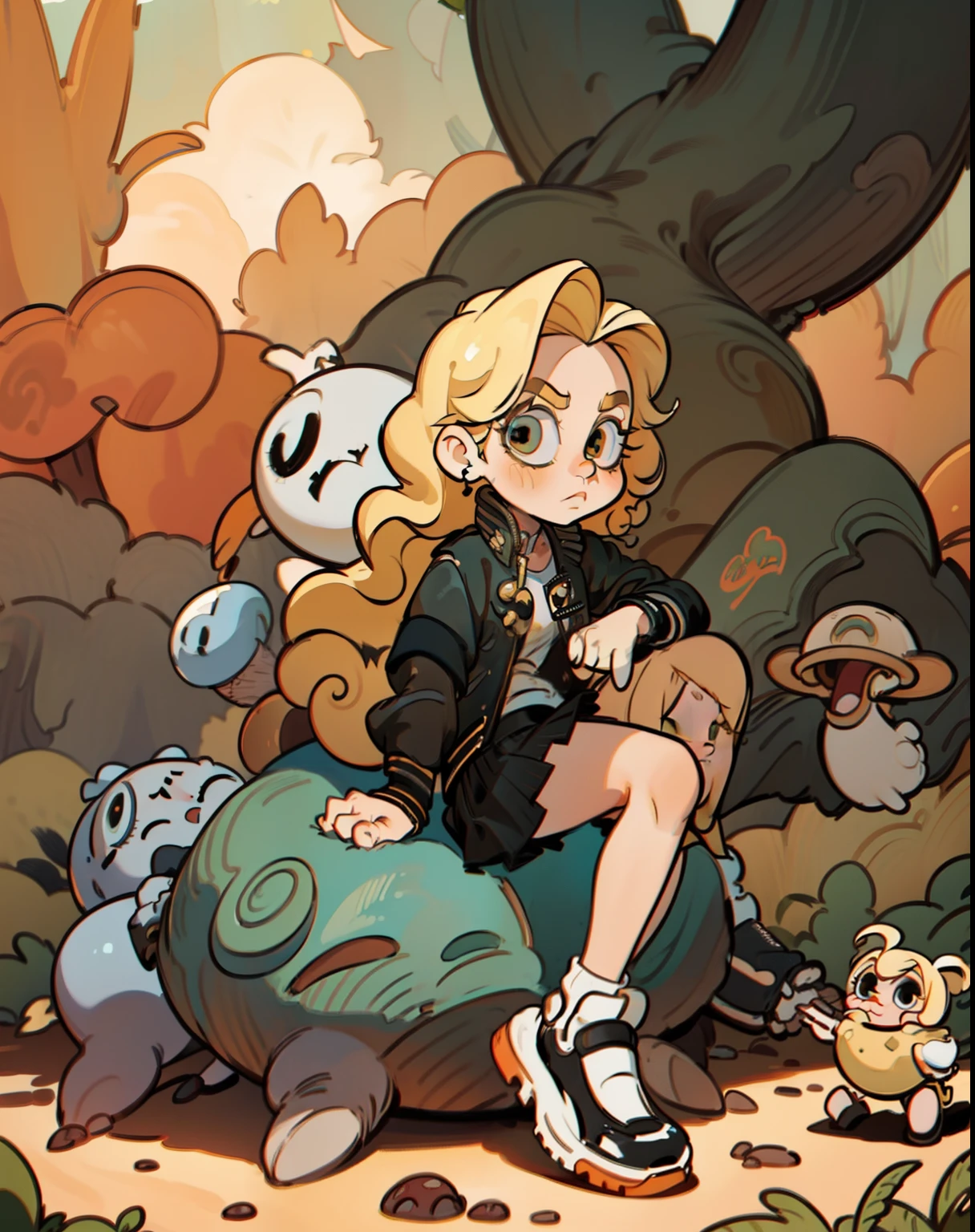 ((punk, fantasy, 8k)), detailed, sexy mature_woman, Alice in wonderland, intense gaze, (blonde:1.5), hair, tied, big eyes, (wavy hair), (white pleated_skirt), (black_jacket), (leather_jacket) sitting, converse, trees, cartoon, (mushrooms on the ground), cartoon, diadem