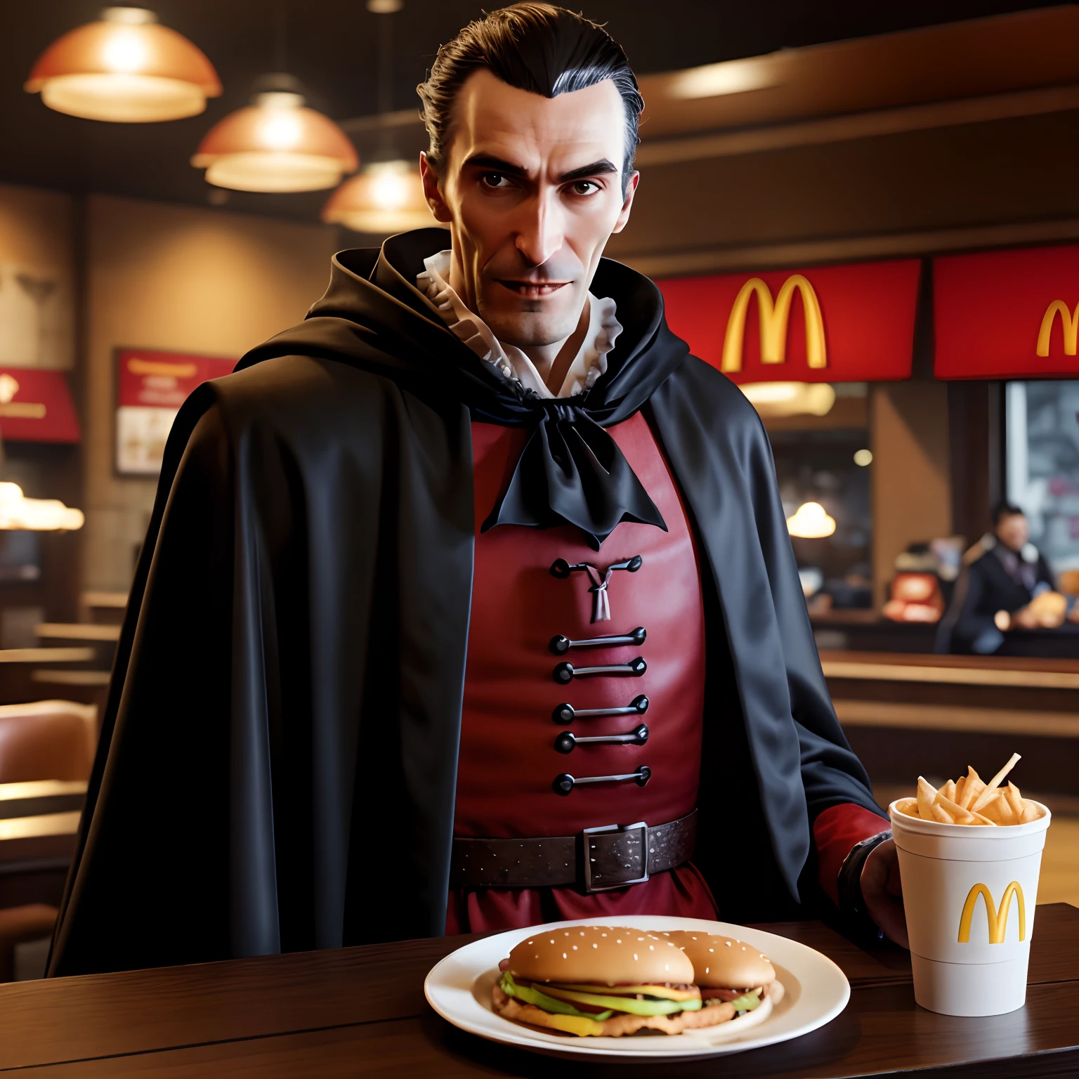 McDonald’s, fast food, (((strahd Von zarovich))), vampire, cashier, 1guy, frowning, cloak, night