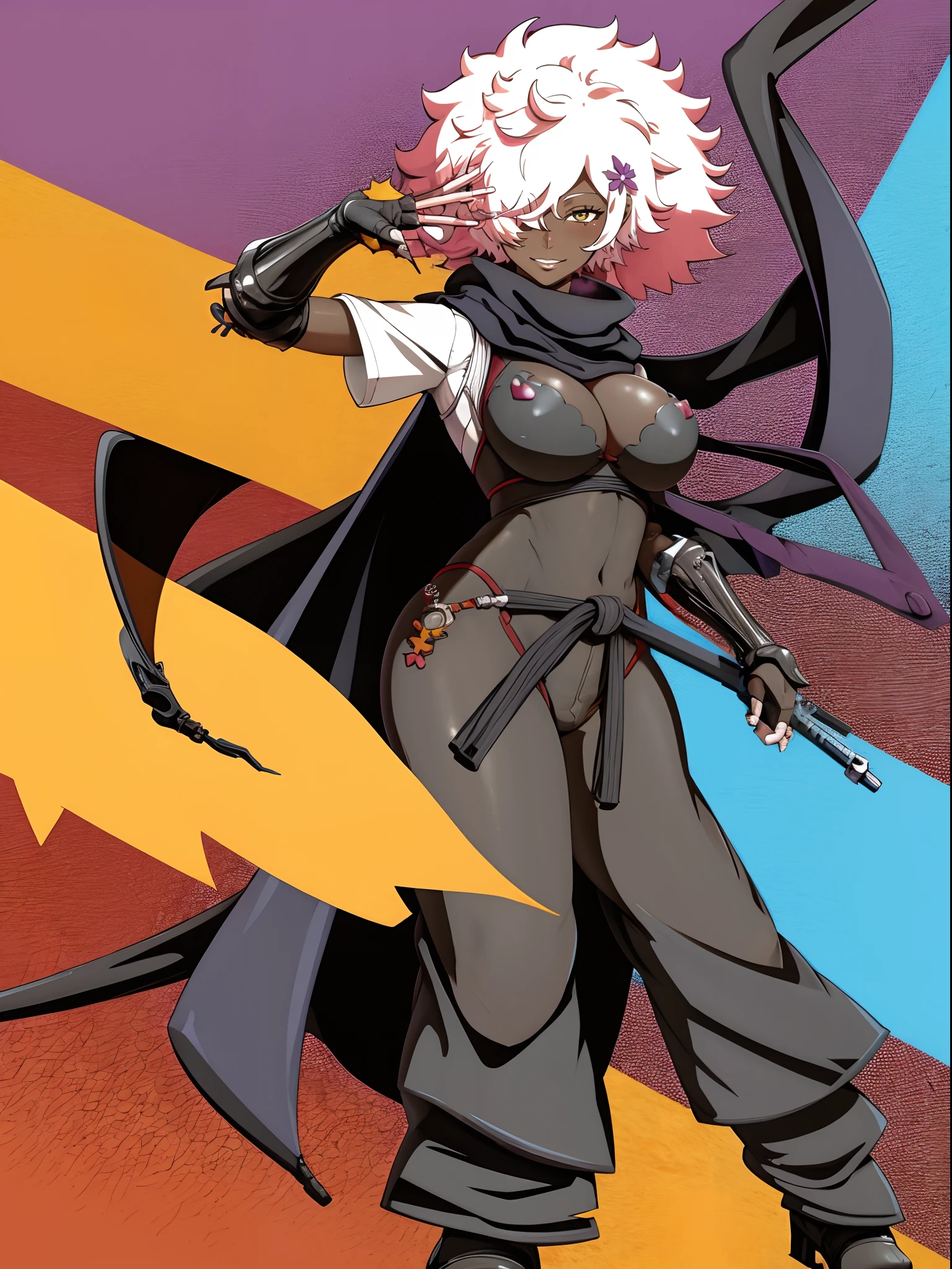 masterpiece, highres, best quality, 1girl, solo, shinobu jacobs, white hair, (big hair, messy hair, afro:1.2), hair over one eye, thick eyelashes, dark skin, looking at viewer, large breasts, NMH2, lace, fingerless gloves, scarf,bimbo, huge breast, curvy, full body, pants, cloak,, boots, pullover, robe, smile,vest, robe,pants, standing,pullover, ninja costume, gloves, gauntlets,black body suit, robot hands,cyborg