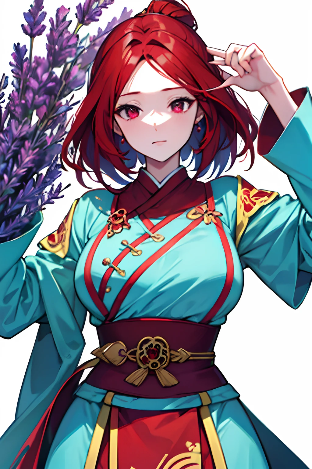 (masterpiece:1.2), (best quality:1.2), perfect eyes, perfect face, volumetric lighting, 1girl, mature female wearing edghanfu, edghanfu, long red hair, top knot, black and gold clothes, smiling,  hands joined in front, green eyes, small breasts, floral pattern, fish pattern, silk, embroideries, long nails, makeup, thick eyelashes, rings, standing in a chinese garden, detailed background, midday  <lora:hanfusionDesign_v10:1>