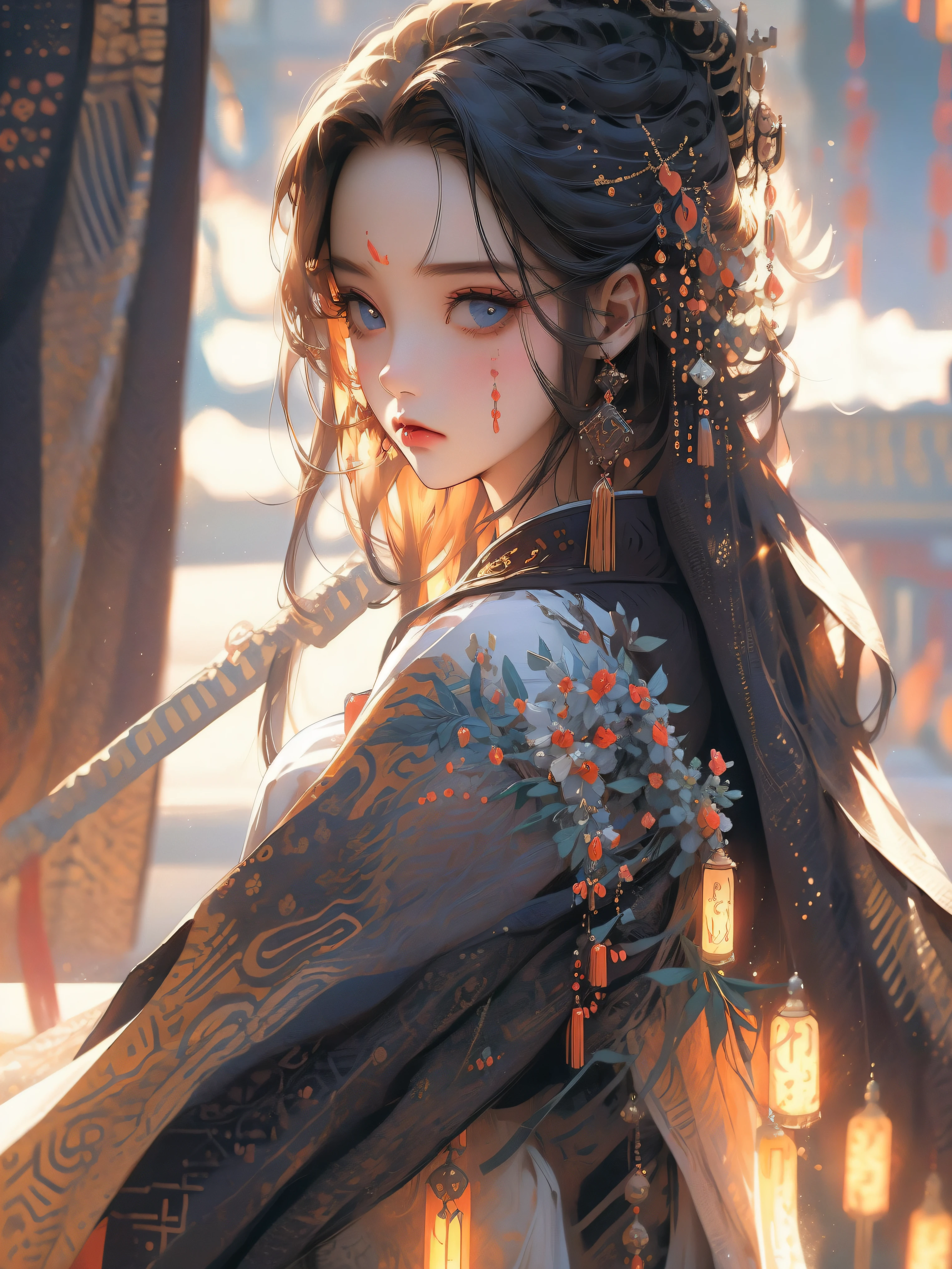(masterpiece), best quality, beautiful detailed hair ,detailed face, 1 girl, solo, dutch shot, perfect feminine face, very stunning woman, traditional hanfu, chesnut brown hair, short hair, blue eyes,simple eyelashes,blushing,long tobacco pipe