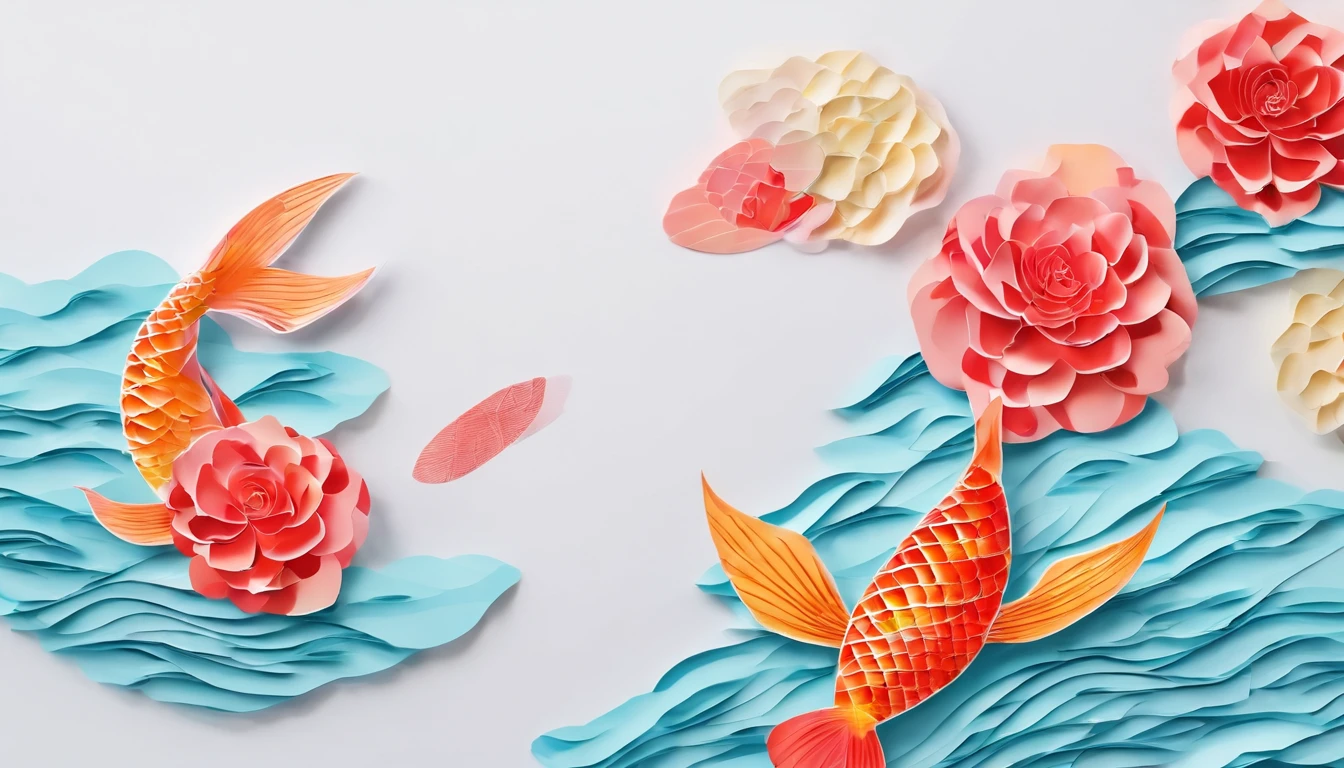 （Silhouette of a koi,Colorful camellias)，White background，(paper art, Quilted paper art:1.2, geomerty:1.1, zentangle,a 3D render), (Extremely colorful, Best quality, high detal, Masterpiece, Cinematic lighting, 4K)（Colorful carp)，White background，(paper art, Quilted paper art:1.2, geomerty:1.1, zentangle,a 3D render), (Extremely colorful, Best quality, high detal, Masterpiece, Cinematic lighting, 4K) hand-drawn effect