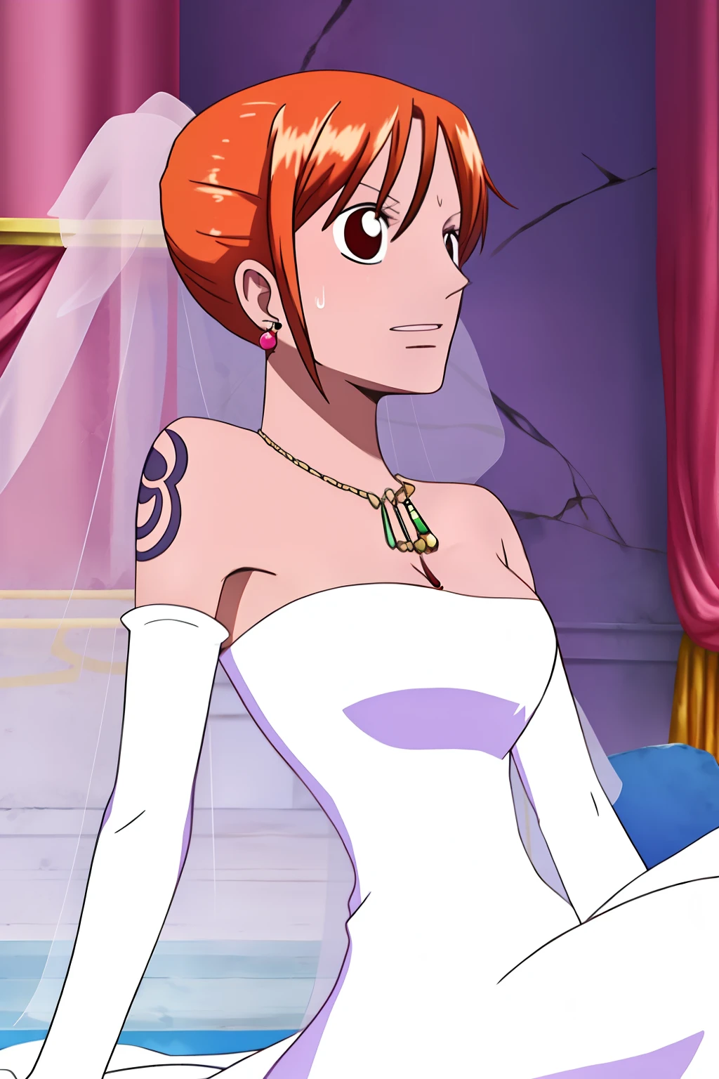 nami, 1girl, solo, breasts, short_hair, gloves, dress, cleavage, bare_shoulders, brown_eyes, jewelry, medium_breasts, sitting, closed_mouth, collarbone, ponytail, earrings, elbow_gloves, white_gloves, hand_up, necklace, white_dress, orange_hair, sweatdrop, strapless, tattoo, alternate_hairstyle, parody, veil, strapless_dress, short_ponytail, rock, wedding_dress, bridal_veil, hair_up, shoulder_tattoo, pillar, cracked_wall