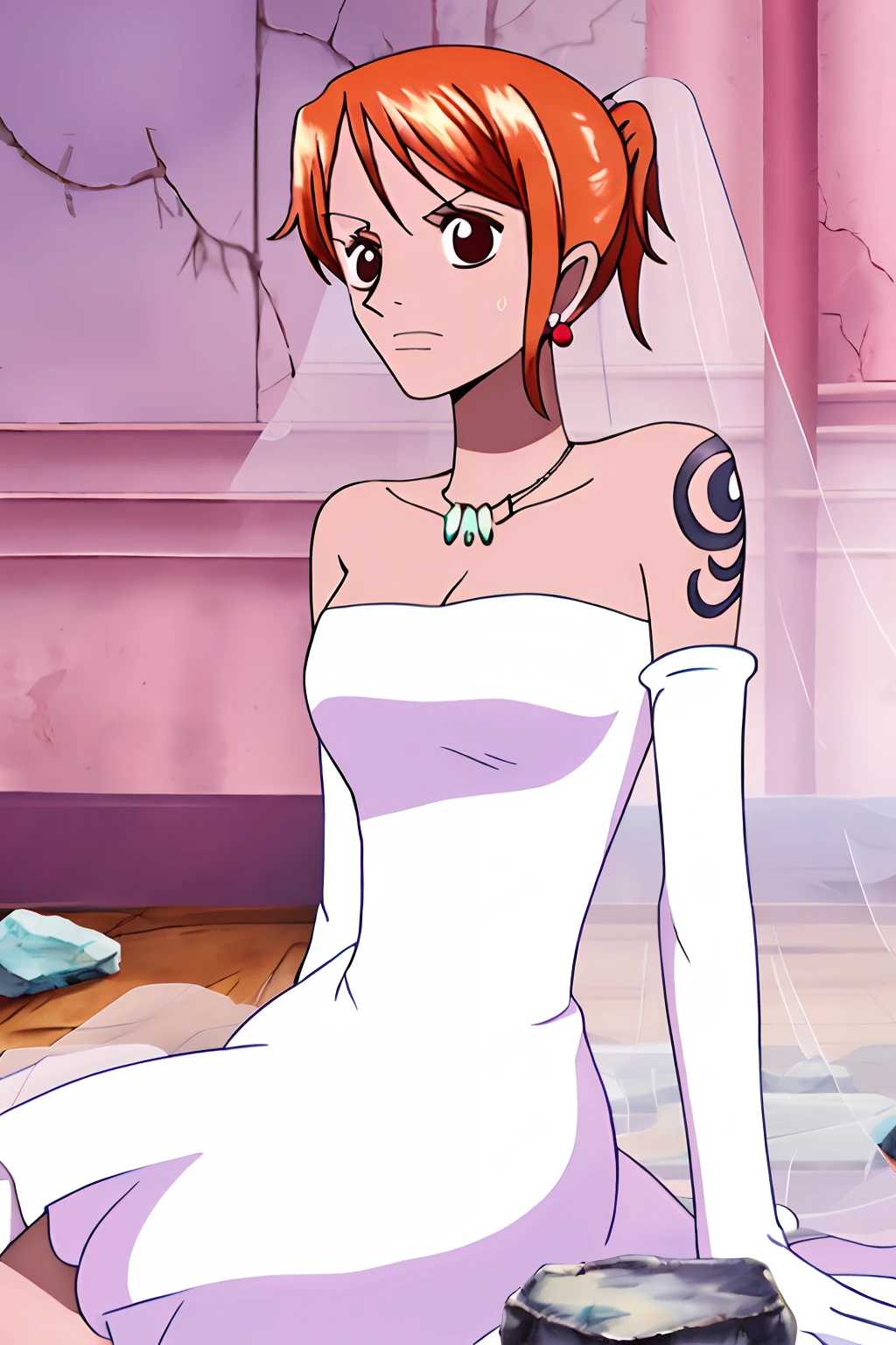 nami, 1girl, solo, breasts, short_hair, gloves, dress, cleavage, bare_shoulders, brown_eyes, jewelry, medium_breasts, sitting, closed_mouth, collarbone, ponytail, earrings, elbow_gloves, white_gloves, hand_up, necklace, white_dress, orange_hair, sweatdrop, strapless, tattoo, alternate_hairstyle, parody, veil, strapless_dress, short_ponytail, rock, wedding_dress, bridal_veil, hair_up, shoulder_tattoo, pillar, cracked_wall