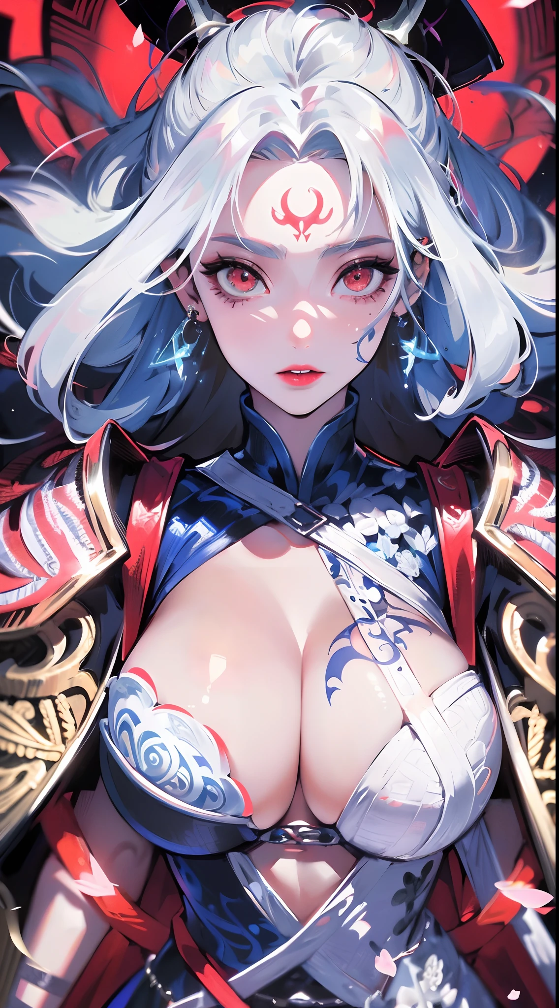 The most beautiful demon goddess, absurdres, highres, ultra detailed, (1girl), solo, alone, detailed vibrant glowing red eyes, huge enormously gigantic tits, cleavage showing, tons of tattoos and piercings, Ultra-precise depiction, Ultra-detailed depiction, (zentangle:1.2), (dynamic pose), (abstract background:1.5), cherry blossom blowing in the wind(detailed gothic battle armor:1.2), long platinum white hair,(shiny skin), many colors, upper body, (from above)