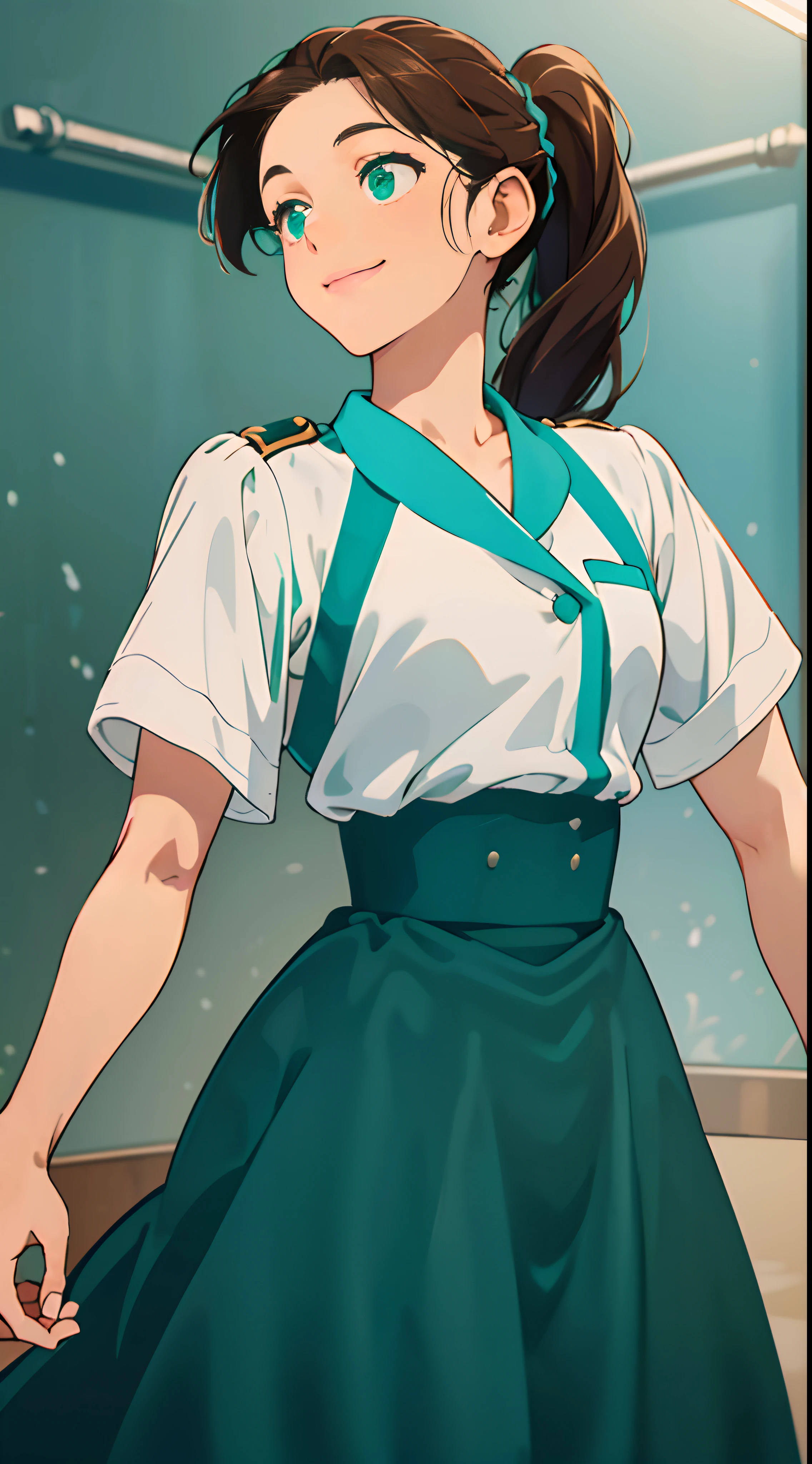 1womanl,ar old,wn hair,Beautiful ponytail hairstyle, (Teal High Waist Skirt:1.3),, (whiteshirt:1.3), (double-breasted,Underbust:1.2), Short sleeves, buttonGap,Natural smile,small tits,a park
