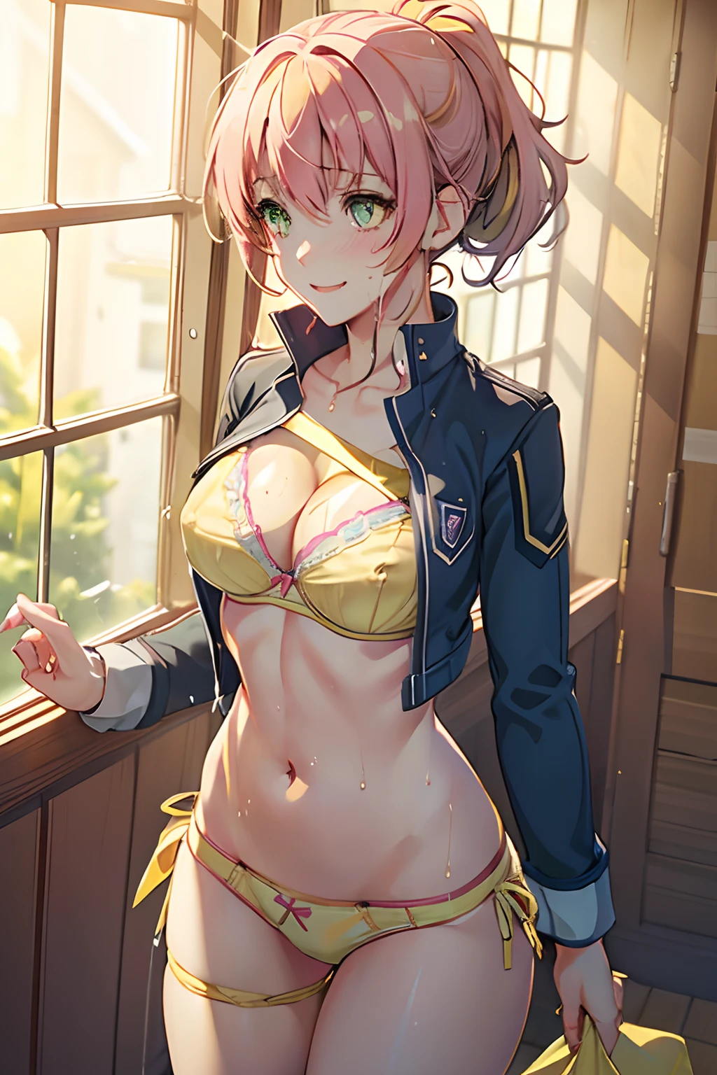 Juna Crawford, poneyTail, Green eyes, A pink-haired, (((undergarment))), (((Wet and sheer yellow bra))), (((Wet and light yellow panties))), A smile, embarrassed from, Adults, dress room, (((Nipples))),