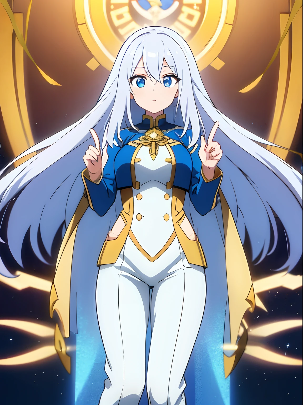 A poster movie with the main female character with long white hair in an anime blue school suit with gold outline, magical powers