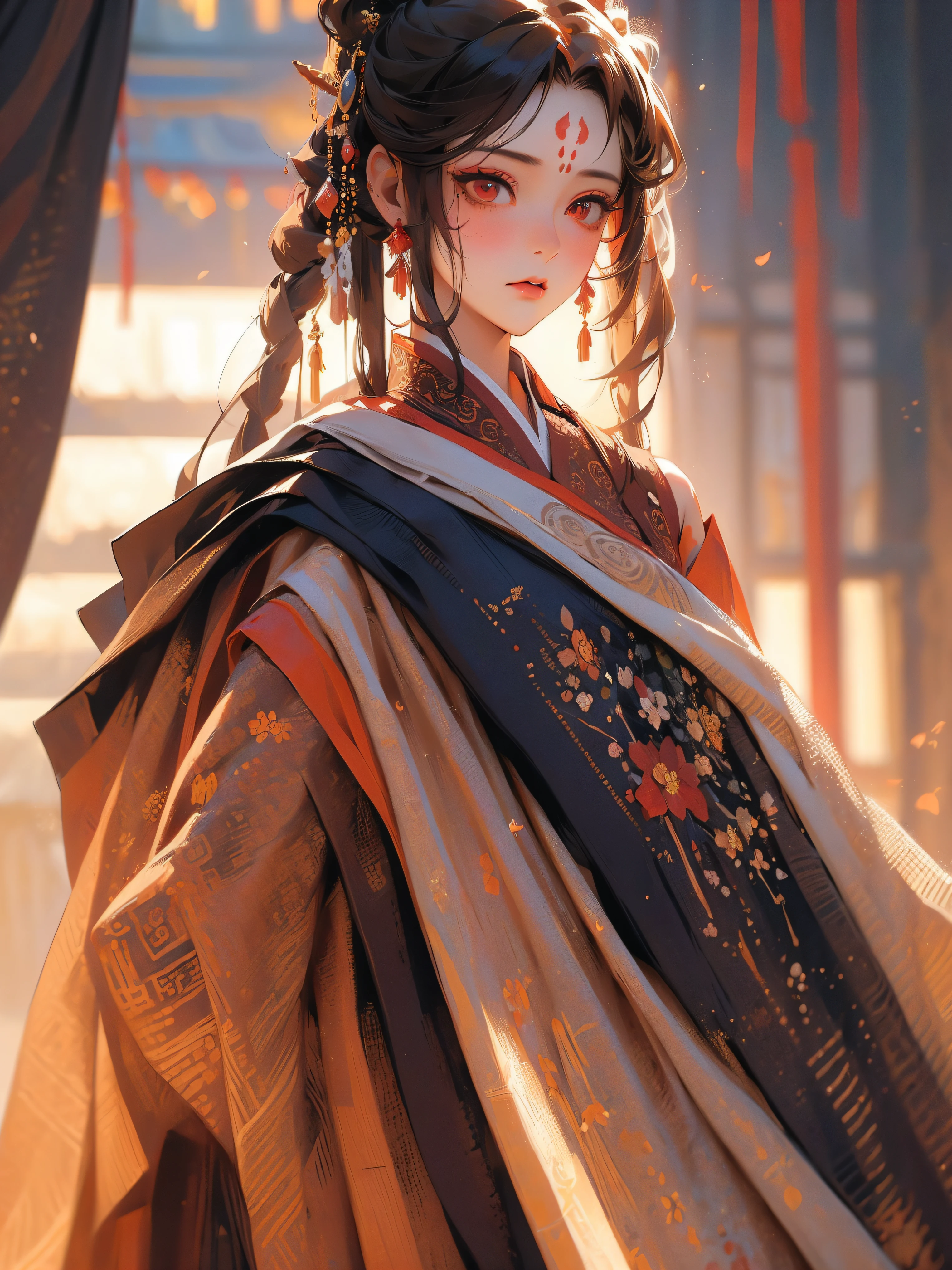 (masterpiece), best quality, beautiful detailed hair ,detailed face, 1 girl, solo, cowboy shot, perfect feminine face, very stunning woman, traditional hanfu, chesnut brown hair, short hair,twintails,red eyes,simple eyelashes,blushing,mole under mouth,off shoulders,off shoulders,facepaint,
