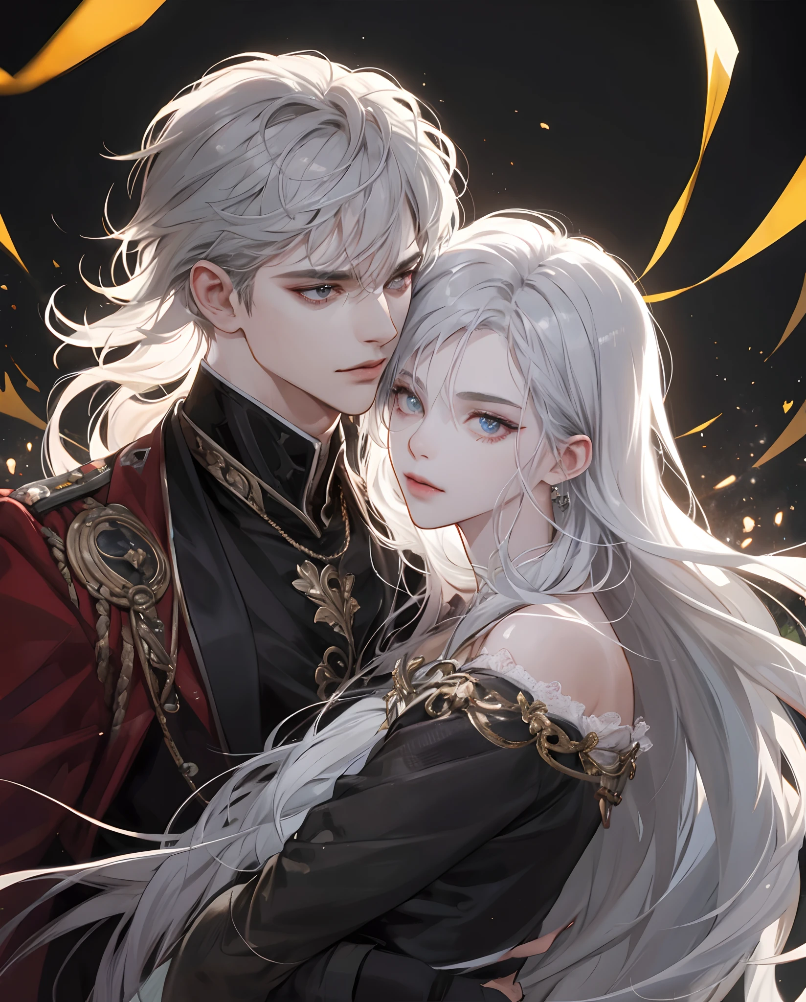 Masterpiece, Superb Fashion, (Fashion Costume), (Illustration), (2 People), Handsome Young Couple, (Russian Mill Style), Fashion, Silver Hair, (Long Hair), (Messy Hair), (White Skin), (Dark Circles), Handsome, Dance Steps, Trend, Dark Gray,, Close Up, (Grand Background), (Chiaroscuro)), Fine Face Details, Facial Details, Cinematic Lighting, (Depth of Field), UHD, (Upper Body), Black Background