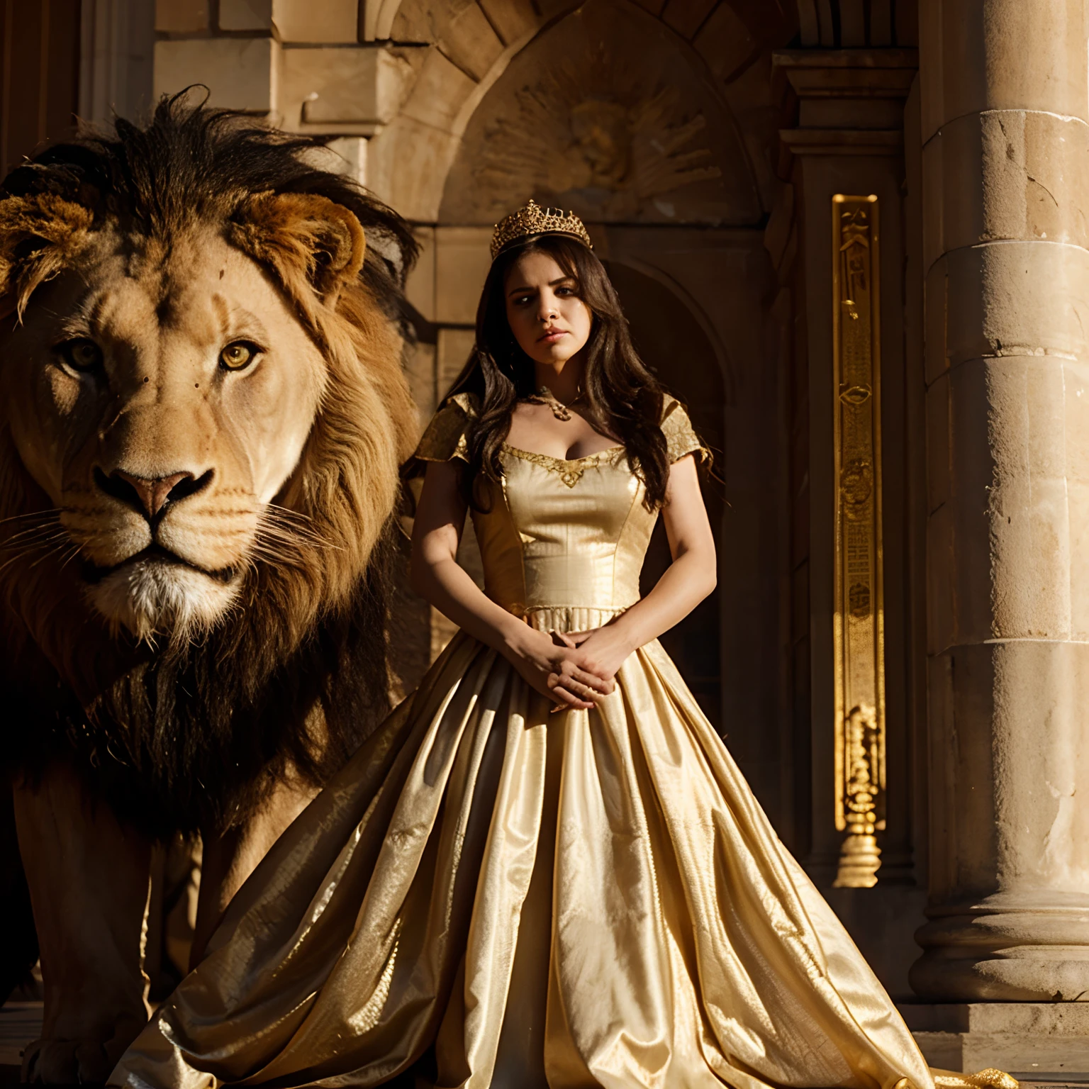 Queen on lion angry 8k, big lion,big lion,queen wearing long dress 8k