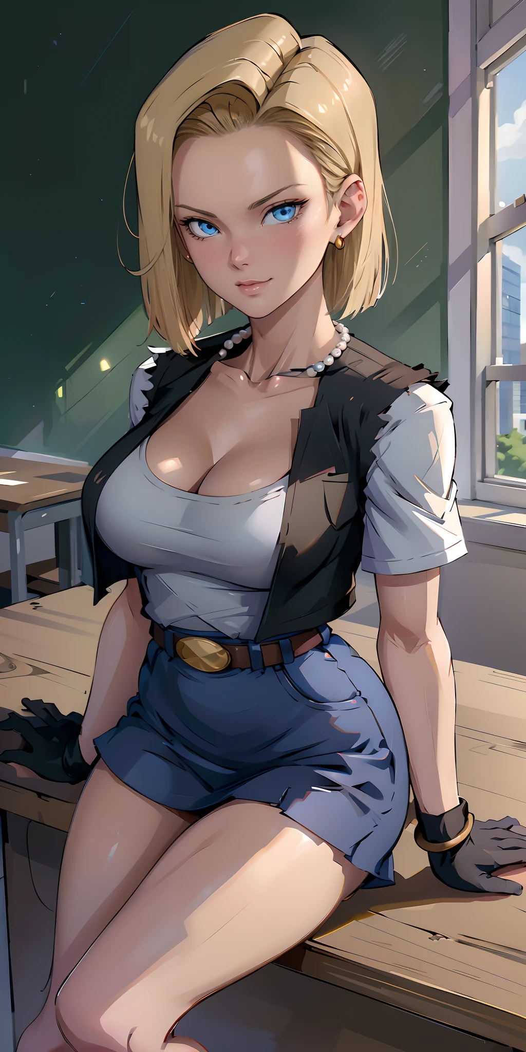Hyper realistic super detailed sexy Android 18, Very detailed, expressions faciales sexy, seductive facial expressions, [:(Face detail: 1.4): 0.4], 16K resolution, 4k resolution, dinamic lighting, High definition resolution, (hyper realistic: 1.4), (back light: 1.2), (Nuit: 1), (pleine hauteur: 1.8),(contrasting background: 1.5), (Anatomy of the hyperrealistic arm), (Hyperrealistic anatomy of the legs), (peau propre), (lighting cinematic: 1.7), (intime), (Technologie NVIDIA RTX Ray Tracing), (Anatomy of the hyperrealistic arm: 2), (Ventre plat parfait), (image couleur),Cute, (lovely), ((Sexy)), (Ero), ((Extremely detailed)), 4K, (8K), Best Quality, (Beautiful), Illustration, Anime style, Painting, absurderes、perfect anatomia、Android 18, masterpiece, best quality, Android 18, solo, blonde hair, blue eyes, belt, jeans, pearl_necklace, bracelet, black gloves, white shirt, short hair, short sleeves, earrings, blue pants, open vest, black vest, large breasts, ,looking at viewer、‎Classroom、cleavage of the breast、鎖骨、desk、From above、big breasts, length hair, on desk, pleatedskirt, School Desk, sitting on, Sitting on a desk, skirt by the, 独奏, thighs thighs thighs thighs, red blush, ssmile