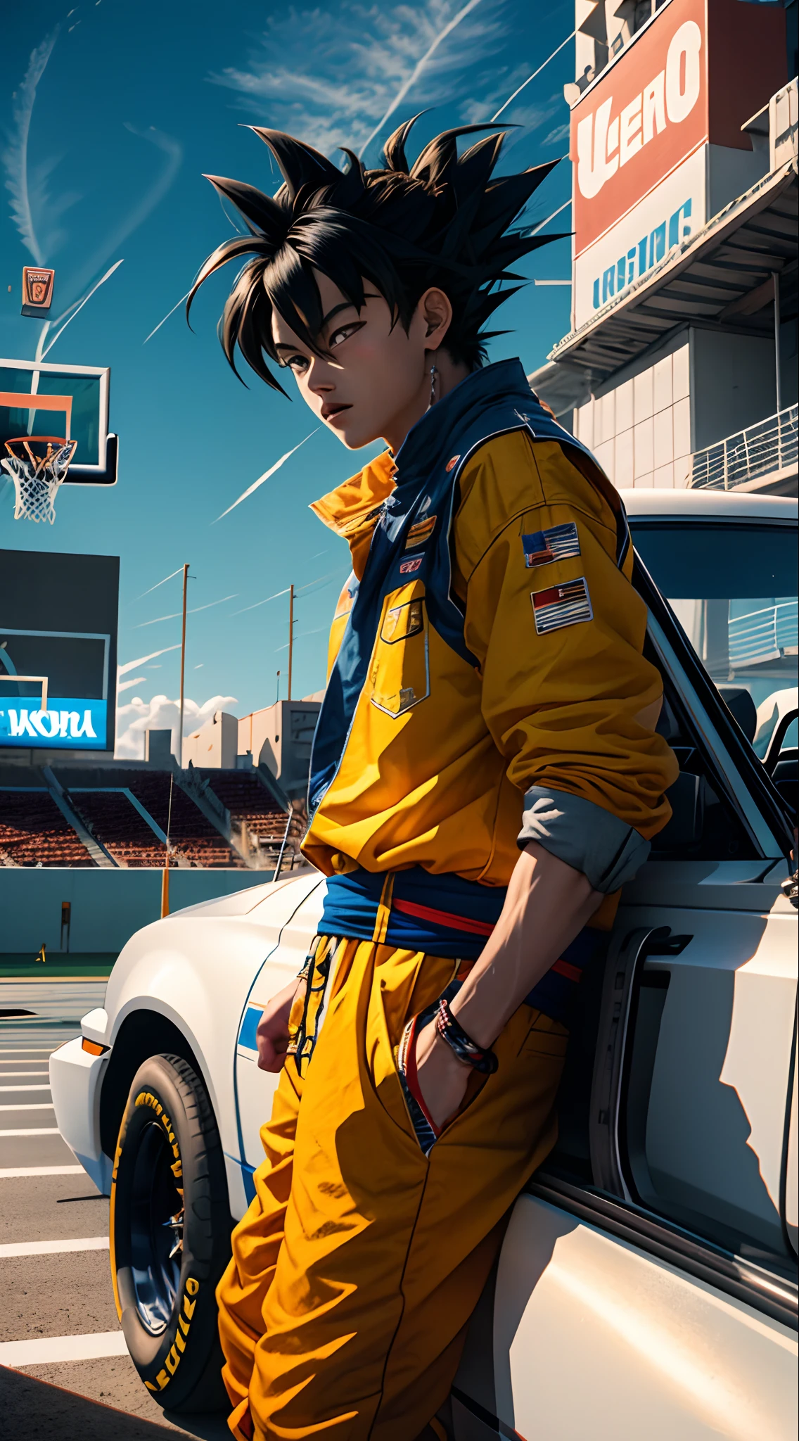 Goku in a nascar with lean on one hand driving past a basketball court and Neon city