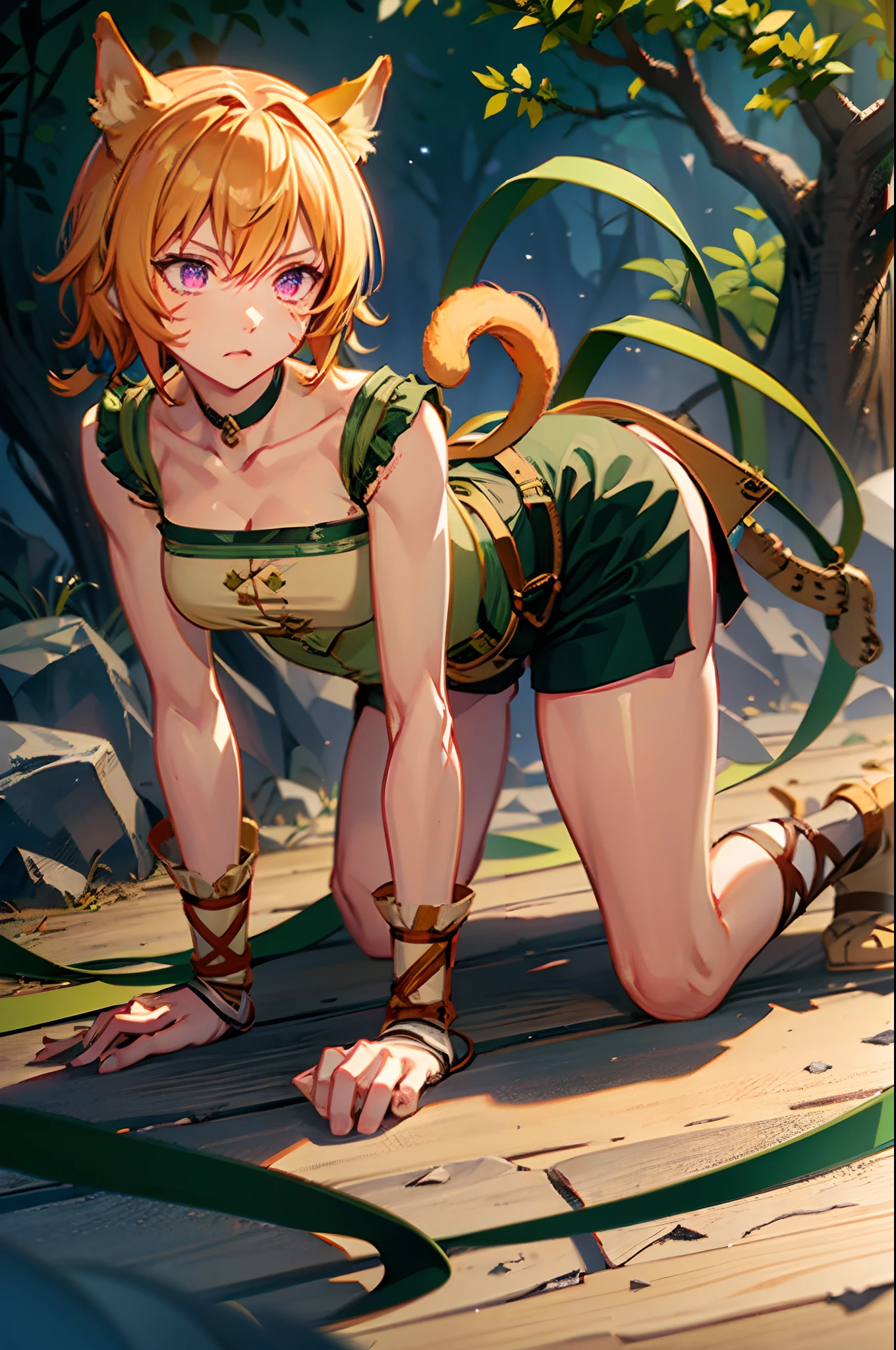 lethe fe, choker, belt, cat tail, bell, thigh strap, facial mark, bandages, side slit, pouch, brown belt, whisker markings, green shorts, wrist wrap, side slit shorts, ((on all fours)), hissing, tail upwards, standing on all fours