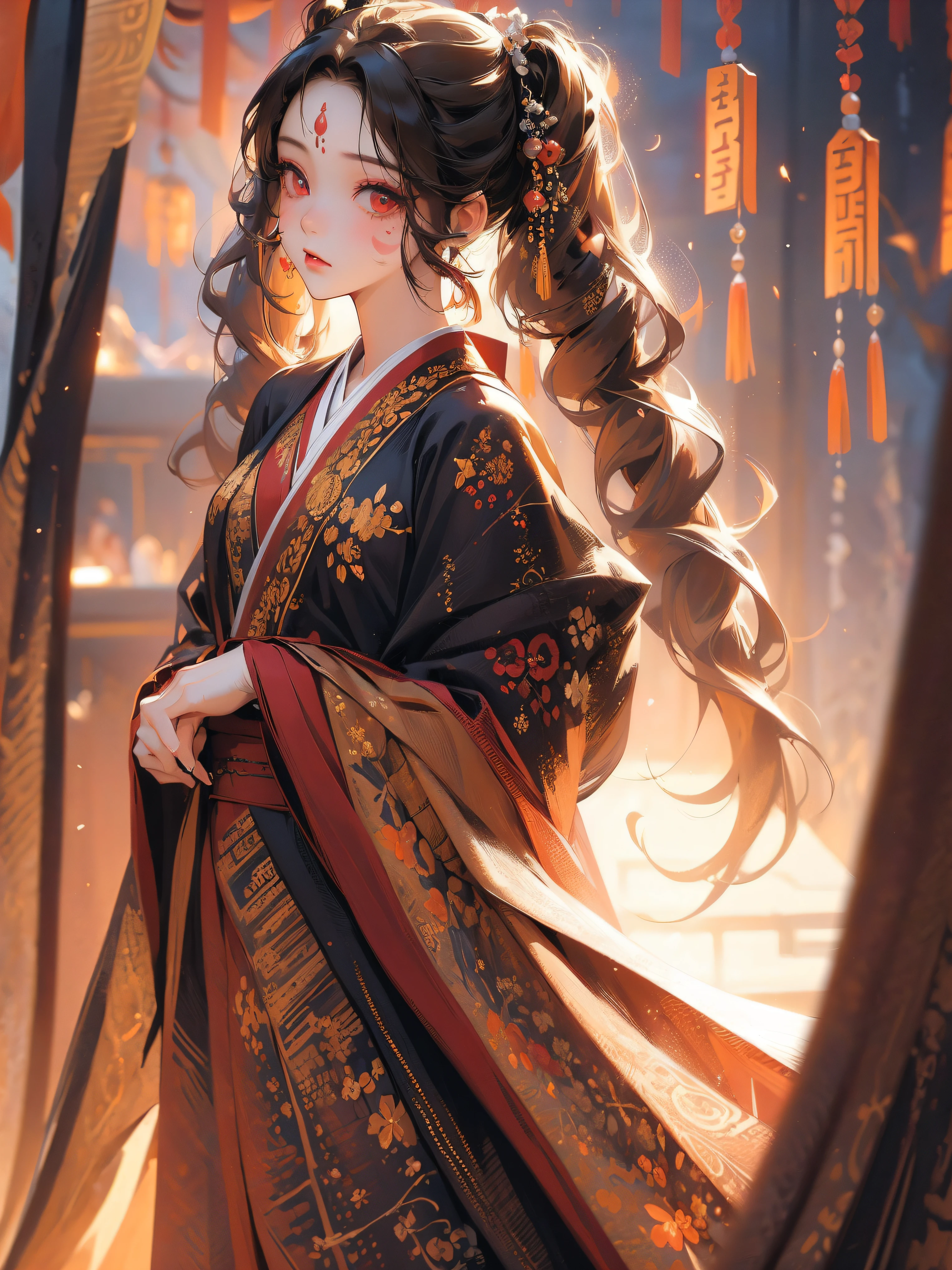 (masterpiece), best quality,rich background, beautiful detailed hair ，detailed face, 1 girl, solo, cowboy shot, perfect feminine face, very stunning woman, traditional hanfu,obi, chesnut brown hair, short hair,twintails,red eyes,simple eyelashes,blushing,mole under mouth,off shoulders，off shoulders，facepaint，