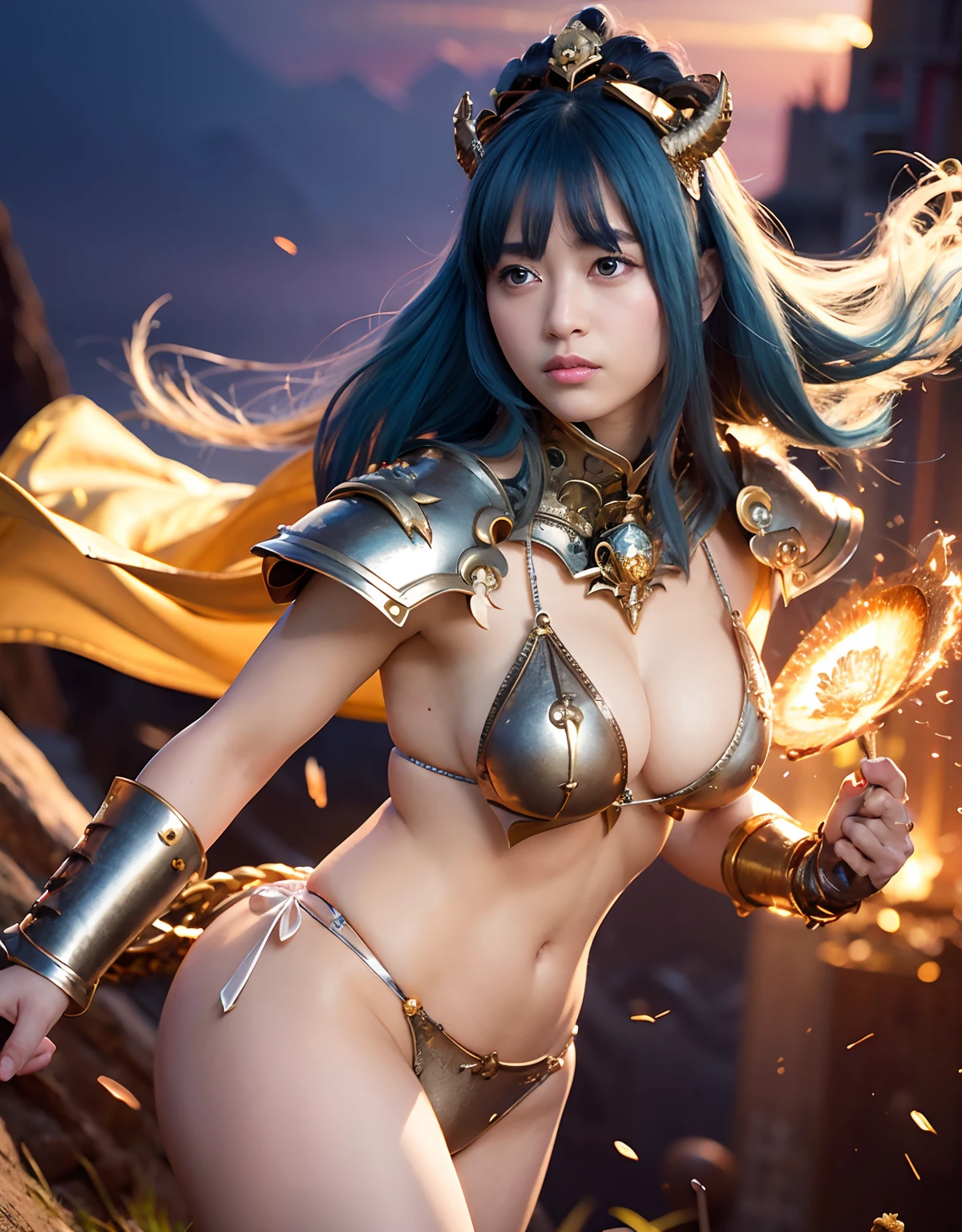 Professional , masterpiece、top-quality、photos realistic , 、top-quality、超A high resolution、(Photorealsitic:1.4)、Raw photo、depth of fields (Gemstone Gold Metal Body:1.9),(Matte White、Toostock、heavy breasts、(cleavage of the breast)、(((Micro Bikini Armor))),(Detailed Dragon Armor)、(Have the strongest weapon)、((Random Hairstyles 1.6),Dark Fantasy,)explosions、intense fighting、(Precipitous cliffs),Dragon Gold Weapon,Mystical expression、Particles of light、Fight dragons、(Detailed Dragon Helmet),Gorgeous Silver Weapons ,(( Dragon's dense and gorgeous sword)) , Beautiful knife ,warhammer 40k ,Detail and gorgeous tiaras、((Blue hair))、(Castle background)、、((Gangle's forest background))、Beautiful Caucasian beauty、1a person、dynamic ungle,(((With detailed shielding)))、Smaller head、A smile、Castle background、Thin and beautiful female hands、cleavage of the breast、Soldier in iron armor on background、Mystical expression、Light Effects、intense fighting、Wind-effect、magic circles、With the legendary magic wand、(demonic wings)、Toostock、