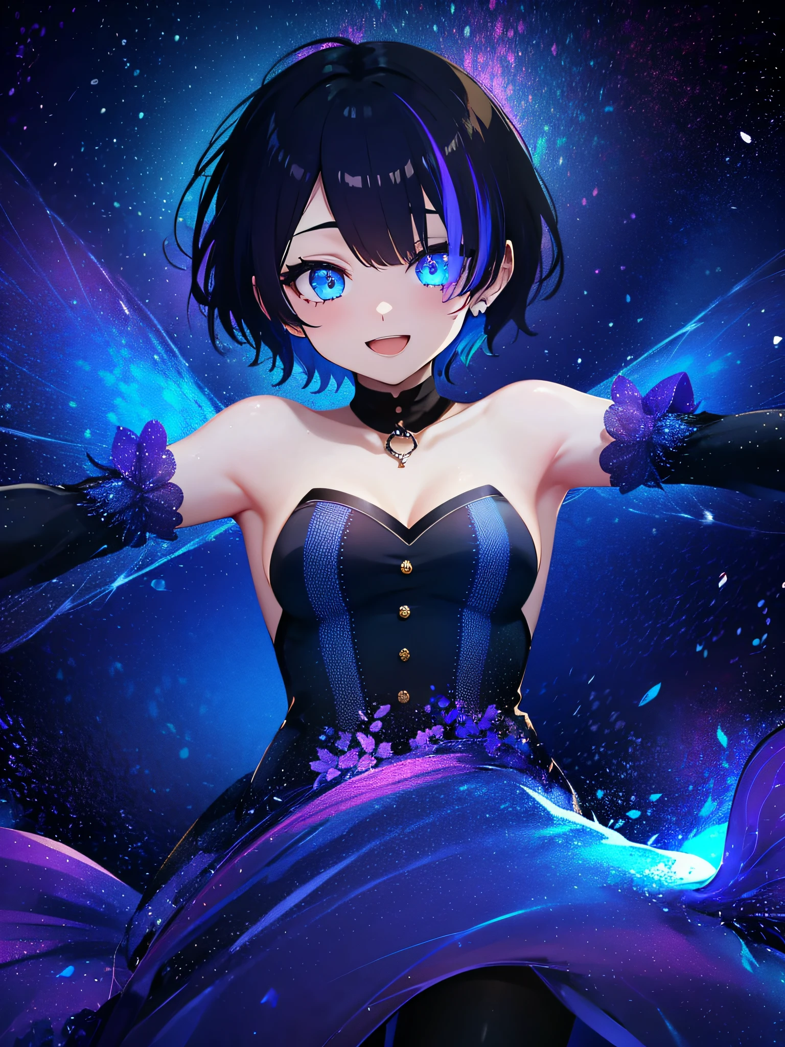 (masutepiece:1.3), (Best Quality:1.3), High resolution, Couboy Shot, I'm on the street with my arms outstretched and a big smile on my face.、Spread your arms、Hair color is purple、Short hair、Blue Mesh、blacklight、Vivid sea、Clear、Iridescent Sea、huge smile、Spectacular background、 Eyes are purple, Miraculous Eye、Beautiful detailed eyes, ultradetailed eyes、Glitter eyes,Make the most effort to the shine in your eyes、, (One Cute Girl:1.3), , Hair over one eye, Small breasts, Dress, Detached sleeves, Dress like a wacky fashion model、White pantyhose、Wearing a rainbow-colored aura from the whole body、purpleish color, Outdoors, Purple background, Shadow lighting