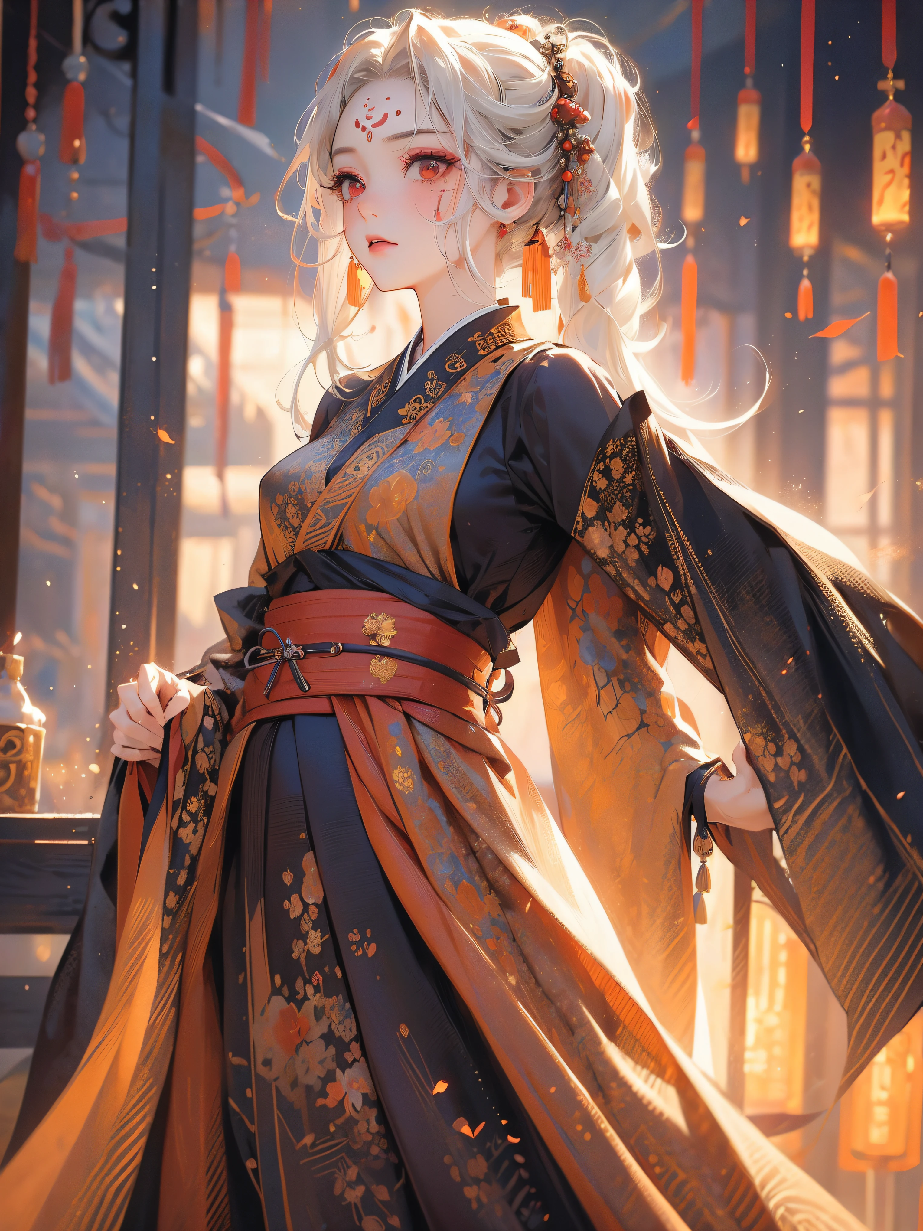 ((gold, black, red, flicker)), ninja, limited palette, contrast, phenomenal aesthetics, Best quality, luxurious work of art, Young woman, White hair, katana, horns, tattoos