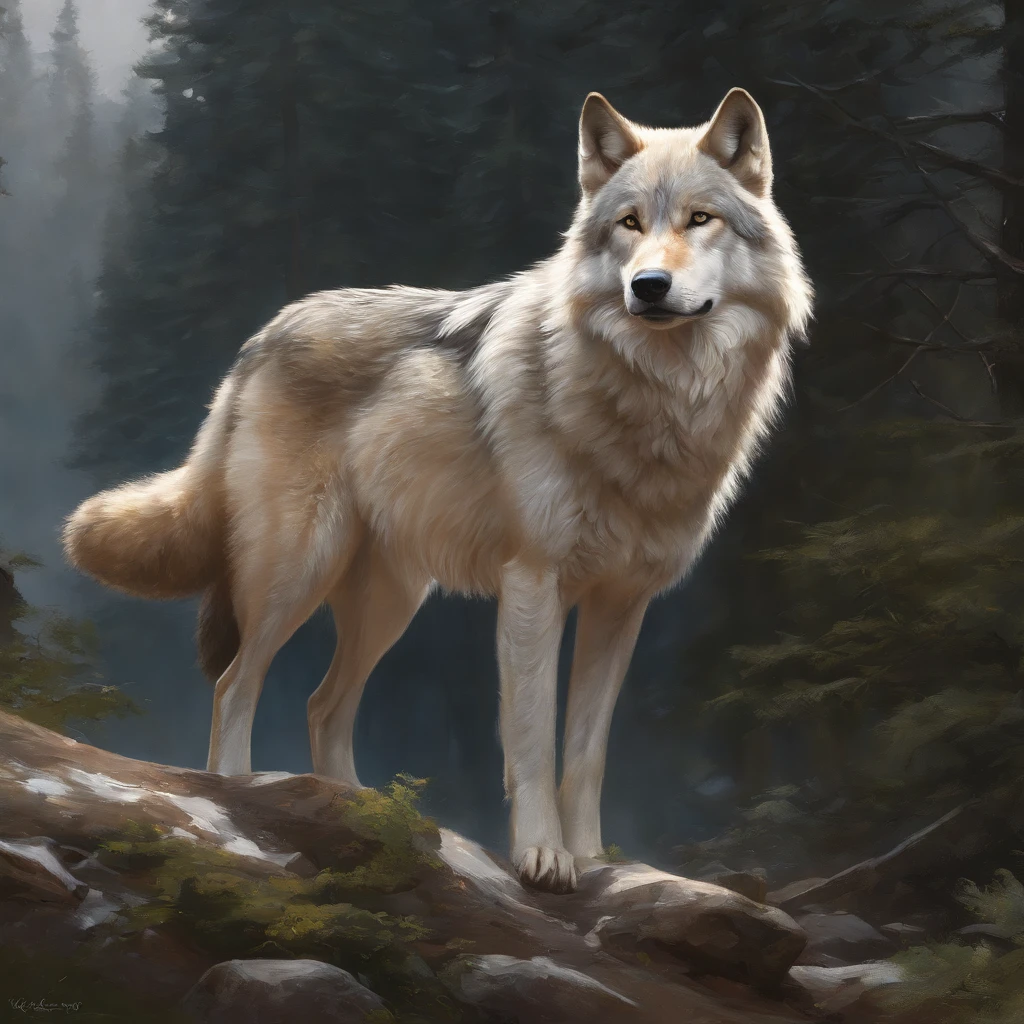 masutepiece, Best quality, ((Beautiful and delicate wolf)) (Very detailed CG unity 8K wallpaper), Professional majestic oil painting,author:Ed Brinkie, Attia Giron, by Ghibli Studio, Jeremy Mann, Greg Manchesa, Antonio Moro, Popular on artstation, Trending Mid Journey和Greg Rutkowski CG Society, twists, high detal, Clear focus, Dramatic, Realistic painting