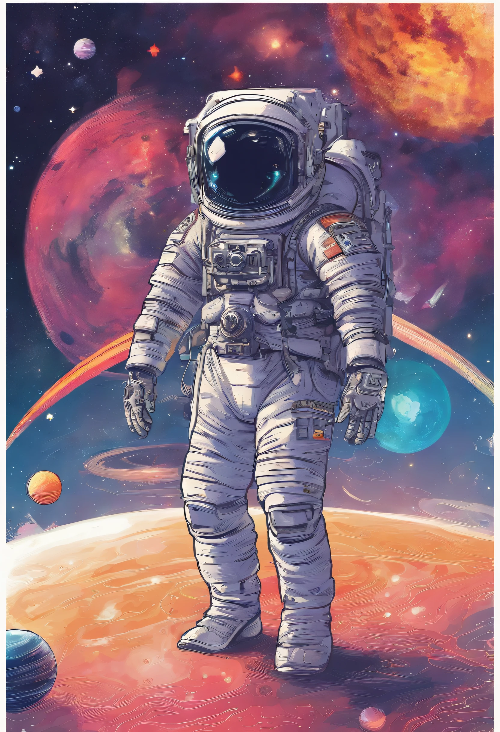 The protagonist meditates cross-legged,at centre,Phantoms on the planet, Bright rainbows and planets with rings in the sky
