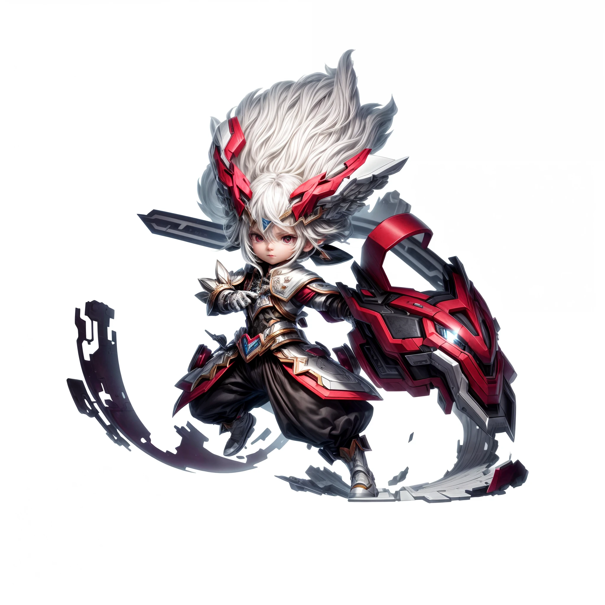 (best qualtiy,8K,32K,tmasterpiece,hyper HD:1.2),Official product graphic,high detal,illustration,Perfect background,Clear detail,Up,silvery white hair,Red broken corners,Mechanical claws