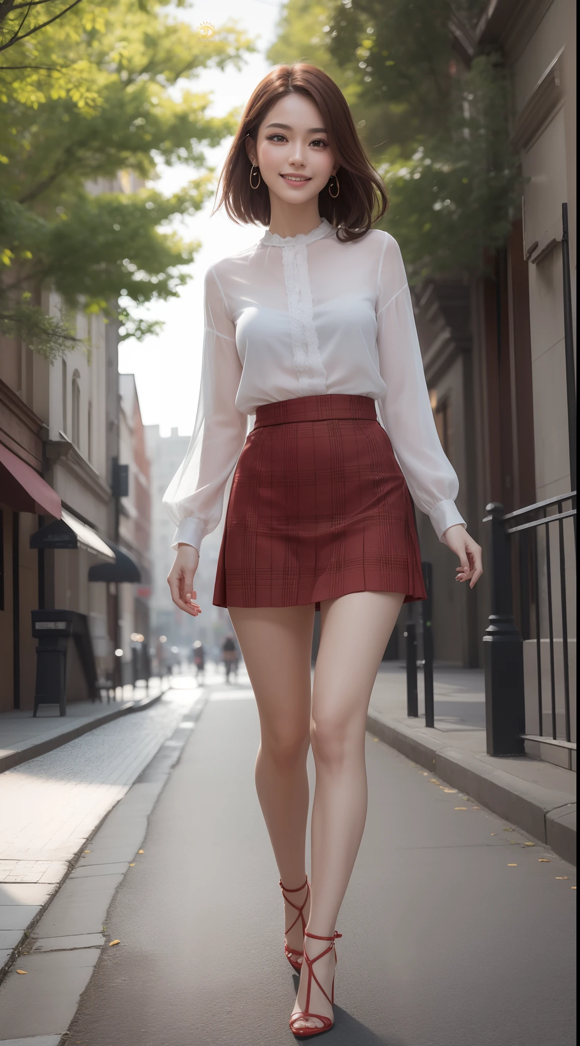 8k, masterpiece, RAW photo, best quality, photorealistic, extremely detailed CG unity 8k wallpaper, Depth of field, Cinematic Light, Lens Flare, Ray tracing, (extremely beautiful face, beautiful lips, beautiful eyes), intricate detail face, ((ultra detailed skin)) 1girl, in the dark, deep shadow, pretty asian girl, 1 girl, (very slim slender fit-muscled body:1.3), ((looking at viewer)),(big smile:1.3), (short skirt ), (red mini skirt ),clear eyes, walking , front shot, (pale skin), (big eyes), face forward, (red shirt),  (brown hairs), ((laced blouse)),,(looking at viewer:1.3) very slim, medium breasts, (camel toe), laced black stockings, street, buildings, tree, sunny, (plaid skirt), (high heels), full body shot