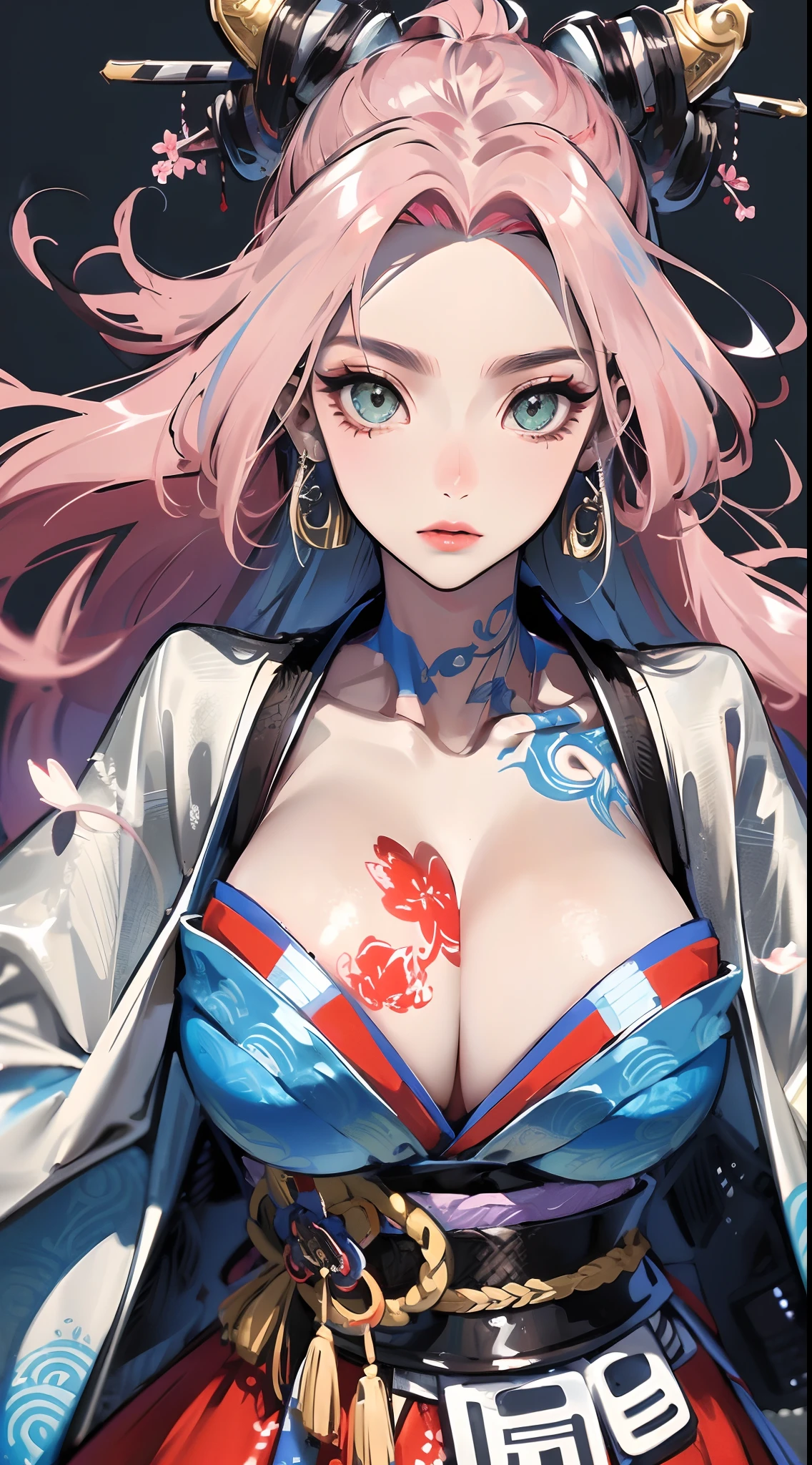 The most beautiful samurai warrior princess, (1girl)absurdres, highres, ultra detailed, (1girl), solo, alone, detailed vibrant glowing green eyes, huge enormously gigantic tits, cleavage showing, tons of tattoos and piercings, Ultra-precise depiction, Ultra-detailed depiction, (zentangle:1.2), (dynamic pose), (abstract background:1.5)cherry blossom blowing in the wind(detailed samurai battle armor:1.2), long platinum pink hair,(shiny skin), many colors, upper body, (from above)