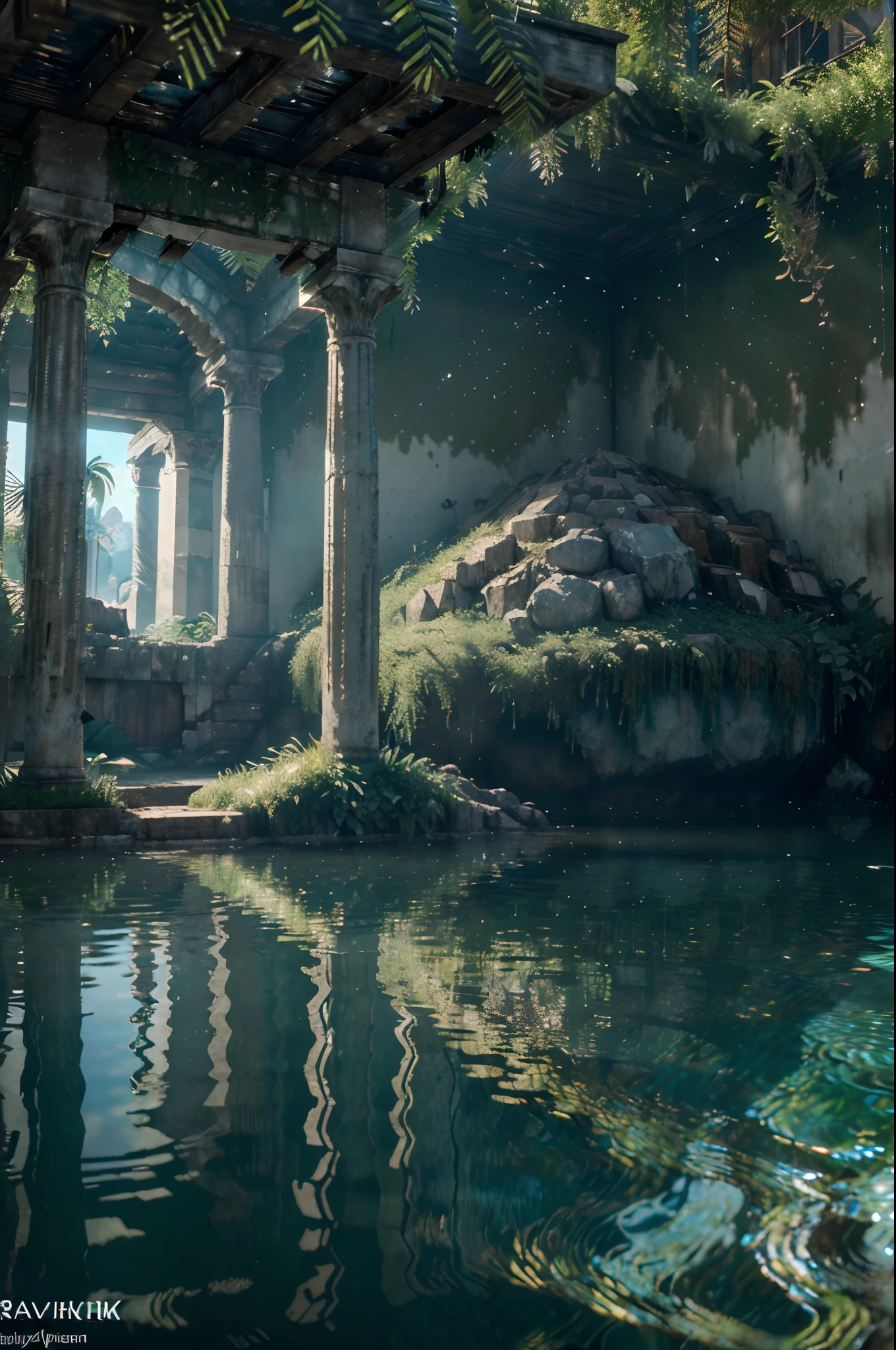 (8k, raw photo, best quality, masterpiece:1.2), (realistic, photo-realistic:1.37), octane render, ultra high res, ultra-detailed , professional lighting, photon mapping, radiosity, physically-based rendering, ue5, ((island sanctuary)), ((ancient fallen kingdom)), ((reflections in water)), ((raytracing)), ((drowned city))