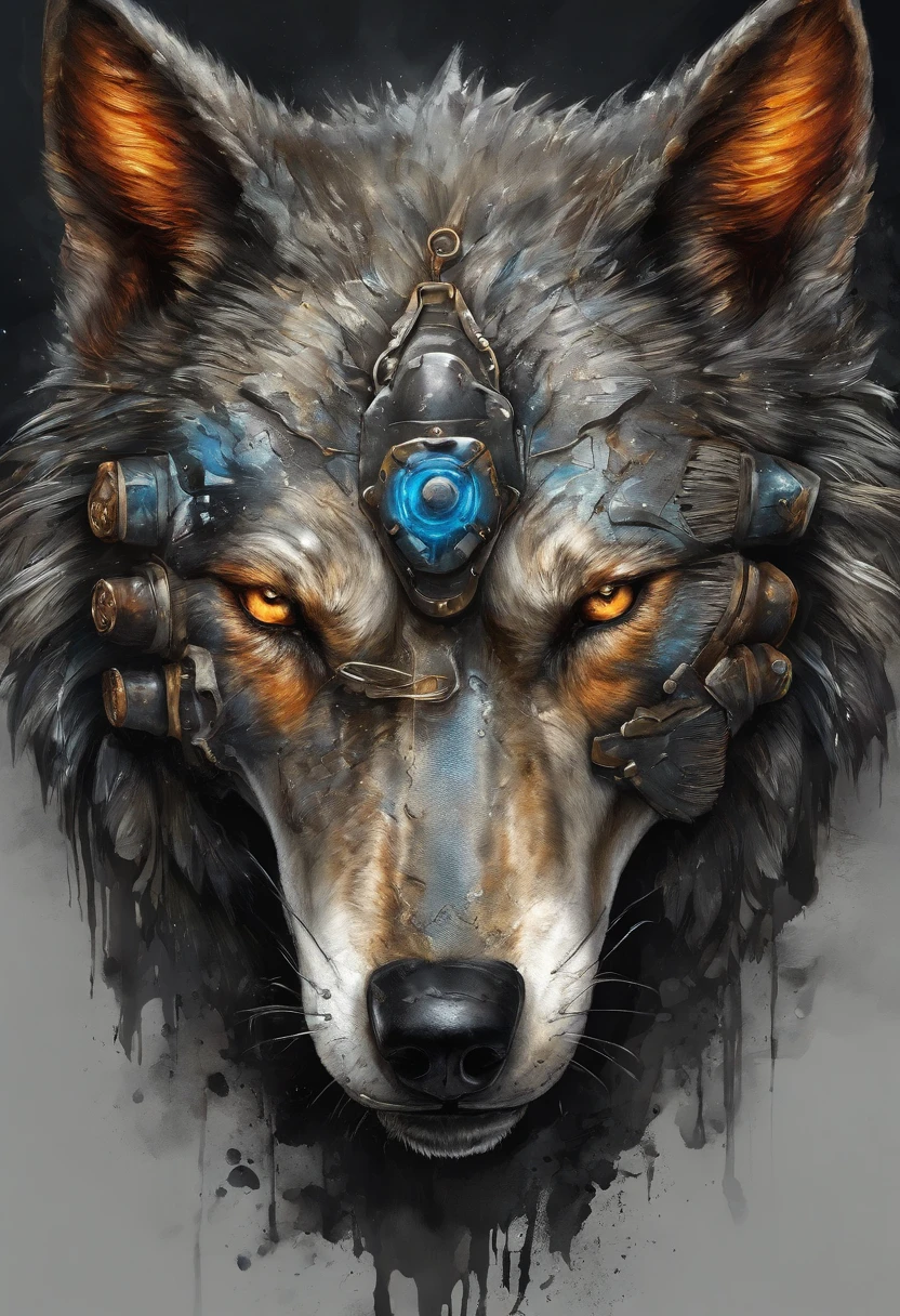 Maximum quality, dramatic lighting, threatening pose, fierce expression, Epic atmosphere, (((Helmet in the shape of a wolf's head))), (((Prise de vue du corps entier))),A metal wolf, Cyborg, Style cyberpunk, rouage, ((Intricate details)), Hdr, ((Intricate details, hyperdetailed)), Incandescent lamps, cinematic shot, Vignette, Effet bokeh Beckground, (Canines), (Prise de vue du corps entier).