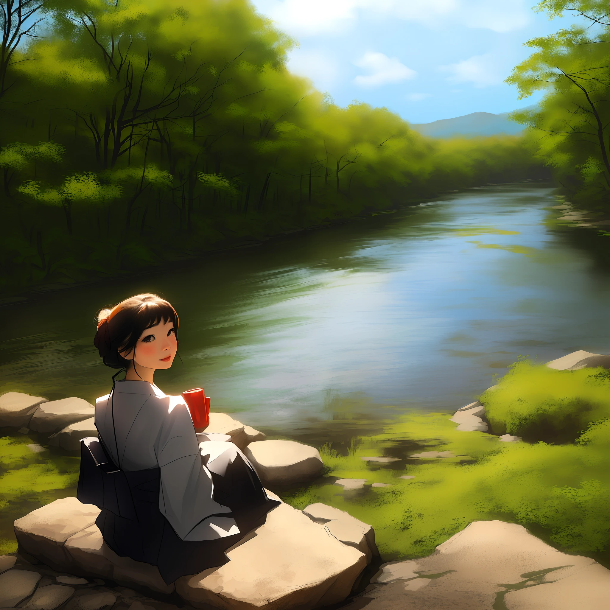 10 years japan girl sitting in a river side on bench untra hd realistic
