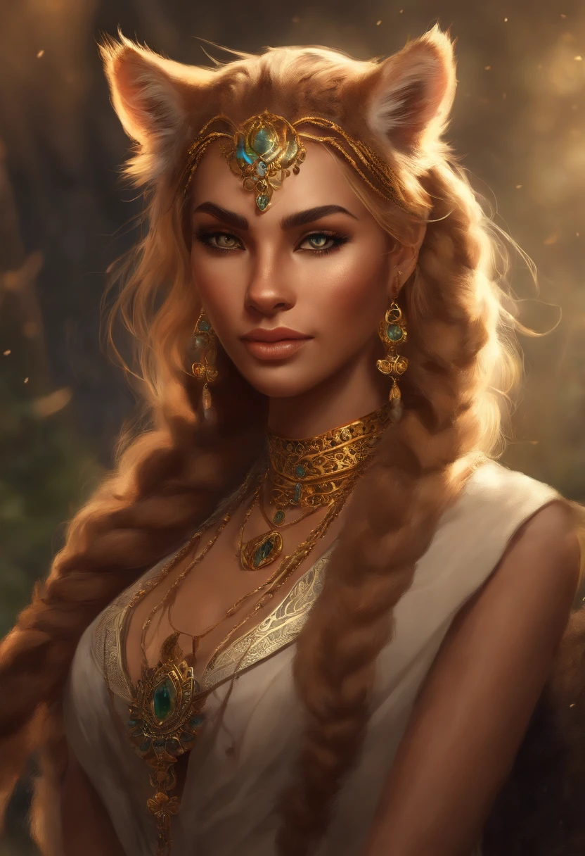 stylized, furry art, furry artist, digital illustration, nonhuman, not human, non-human, cat person, anthropomorphic feline, , (((khajiit))), elder scrolls, tabaxi, (((cat))), (((furry))), furry art, ethereal, (((long hair))), (((braids))), wavy hair, curly hair, doe eyes, long lashes, (((fur))), (((leopard spots))), feline ears, fantasy, feline face, ethnic fashion, bright colors, jewelry, gold jewelry, earrings, piercings, (solo), one person, Eye-Level Shot, f/4.0, 135mm, Fujifilm, jpeg artifacts, dithering, UHD, masterpiece