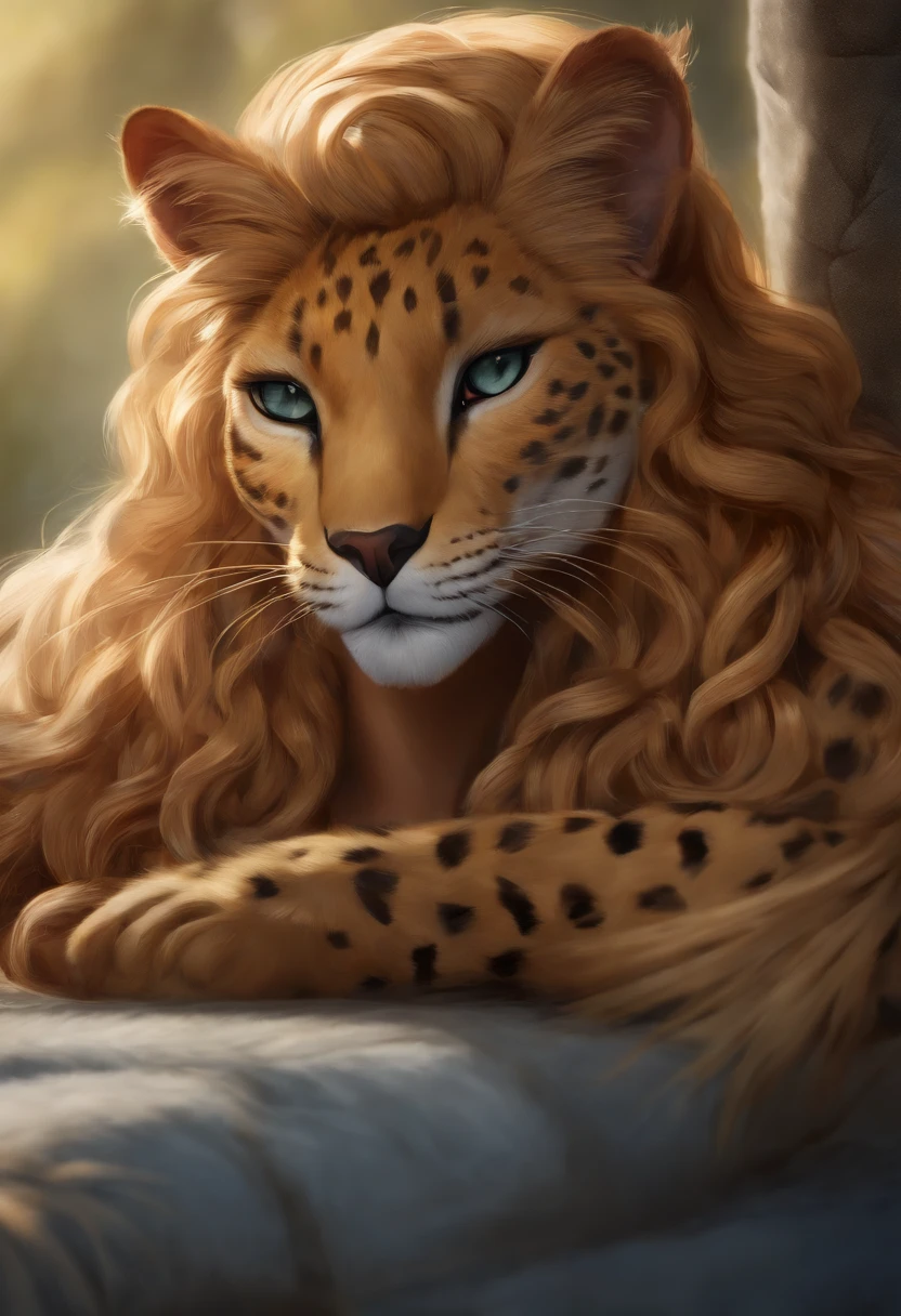 closeup, (anthro furry cheetah lioness female hybrid), blonde lion mane, cheetah spots, athletic body, (fierce yellow eyes), naked, topless, black background, (by hioshiru and kenket and Ruan Jia and Bayard Wu)