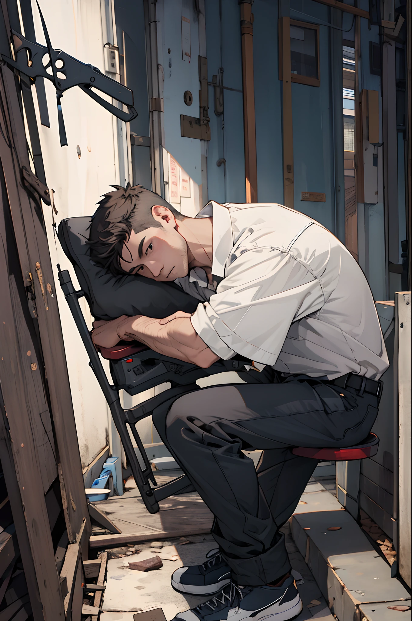 masterpiece, best quality, face, natural eyes, 1man, european, big feet, black socks, full body, large bulge, long legs, looking at viewer, 30 years old, muscled and mature, sea, a navy soldier, white navy army uniform, wearing balck leather shoe, short haircut, sitting on a ship deck with legs streched, deck, ship, sea, ship deck, blue eyes, flush, organism, face covered with white fluids, sweating, tight cloth, erecting