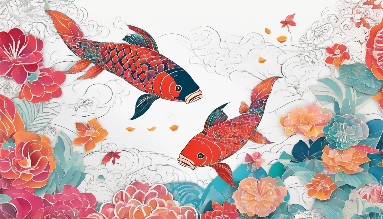 (Silhouette of a koi,Colorful camellias),White background,(paper art, Quilted paper art:1.2, geomerty:1.1, zentangle,a 3D render), (Extremely colorful, Best quality, high detal, Masterpiece, Cinematic lighting, 4K)(Colorful carp),White background,(paper art, Quilted paper art:1.2, geomerty:1.1, zentangle,a 3D render), (Extremely colorful, Best quality, high detal, Masterpiece, Cinematic lighting, 4K) hand-drawn effect