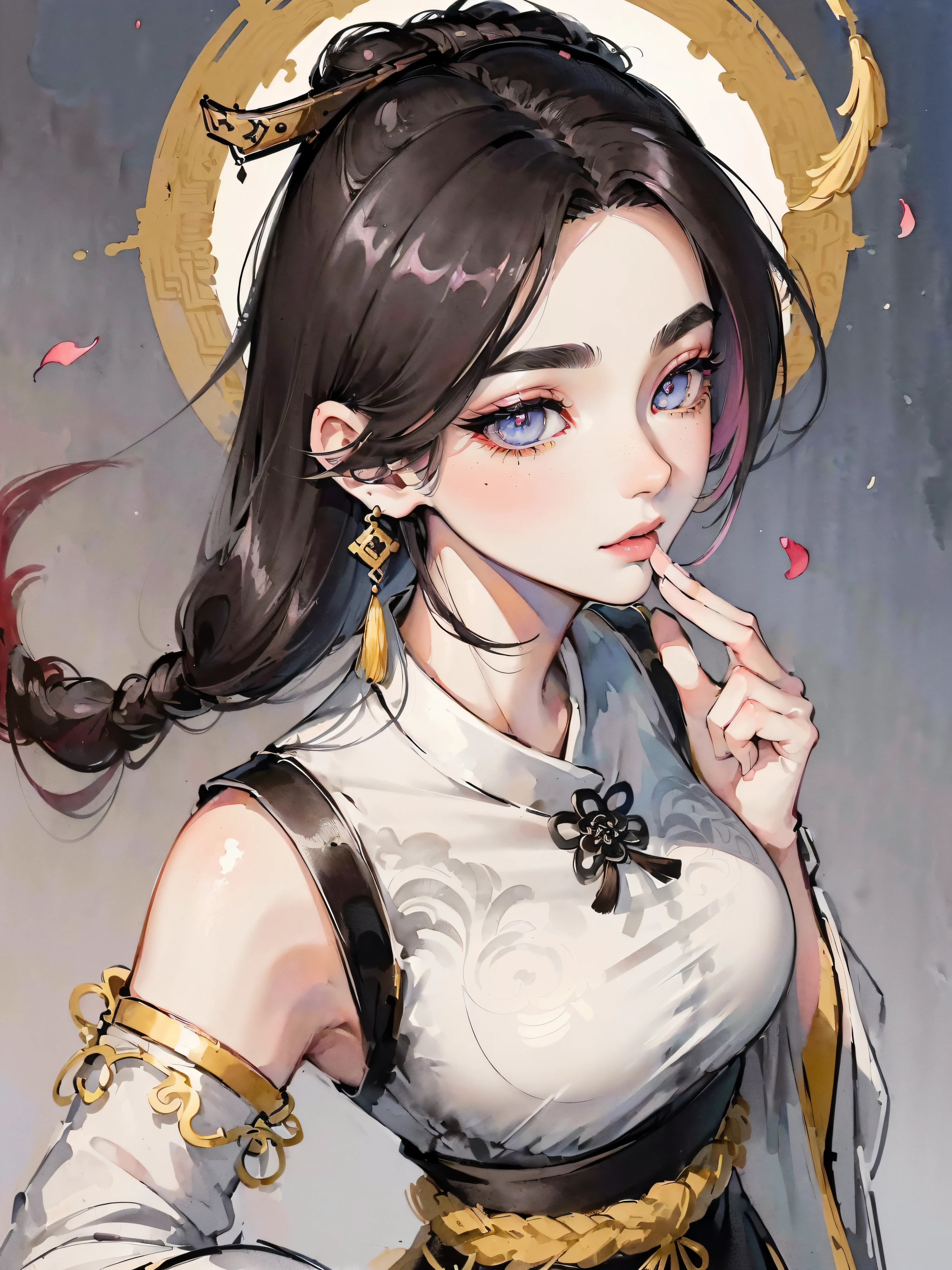 (((top knot,undercut,)))(((((((Chinese ink painting，watercolor paiting，ancient chinese costume,Has the temperament of a queen，slit pupils,blush stickers,v shaped eyebrows,gradient hair,Mix white pick dye，fur cuffs,fingers from mouth,)))))))，((1lady,amazing,adorable korean mixed race of Saudi Arabia girl，rosto magro，Solo,))(Masterpiece,Best quality, offcial art, Beautiful and aesthetic:1.2),((超高分辨率,Golden ratio,)) (16k),((from above，milf，busty body,detailed oil painting,)),{{watercolor pencil}},(Physically-based rendering),Amazing,Sharp focus, (((highdetailskin,))),Intricately detailed clothing,Lying silkworm eyebrows，long eyebrows,Delicate pupils,snake pupils,danfeng eye,((((detailed hair,long hair|Shaggy cut|Long bold side bangs|Sleek cut|Undercut)))),Slender,(masterpiece sidelighting),(The sheen),(beautiful hair,beautiful eyes,）[[Delicate fingers and hands:0.55]::0.85],(Detail fingers),(((Superior quality,)))),((unbelievable Ridiculous,)),((extremely_Detailed_Eyes_and_face)),Movie girl,(Dynamic configuration: 1.2),Brilliant,Glossy, (Photorealistic), The light from the back window is backlighted,mitts, ((hairpin)),golden earrings, Light particles petals, Side Rock,Graceful maxi dress, two-sided fabric