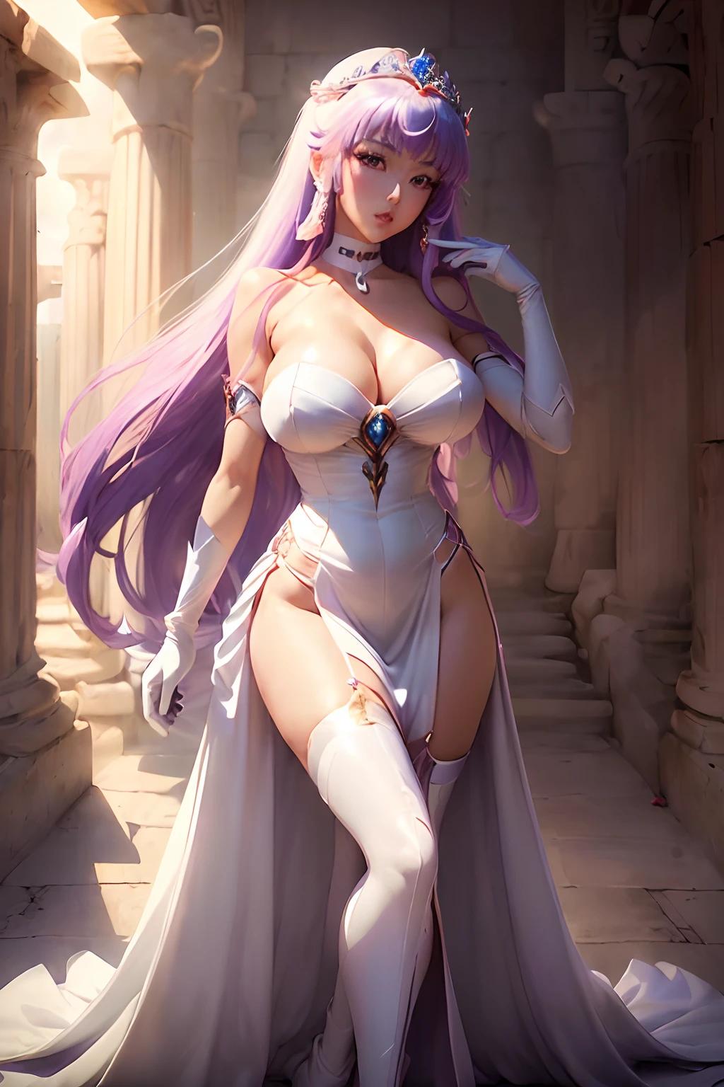 ((Saori kidoh from saint seiya animated series)) ((beautiful face)) (red lips) ((very long light purple straight hairstyle with bangs)) ((very huge breasts) (perfect slim body) ((wears strapless white long dress)) ((choker, tiara, gloves)) ((posing sexy insiide greek temple)) (high definition, dynamic lights and shadows) ((masterpiece)) (8k) (perfect face) (best quality) (perfect hands)