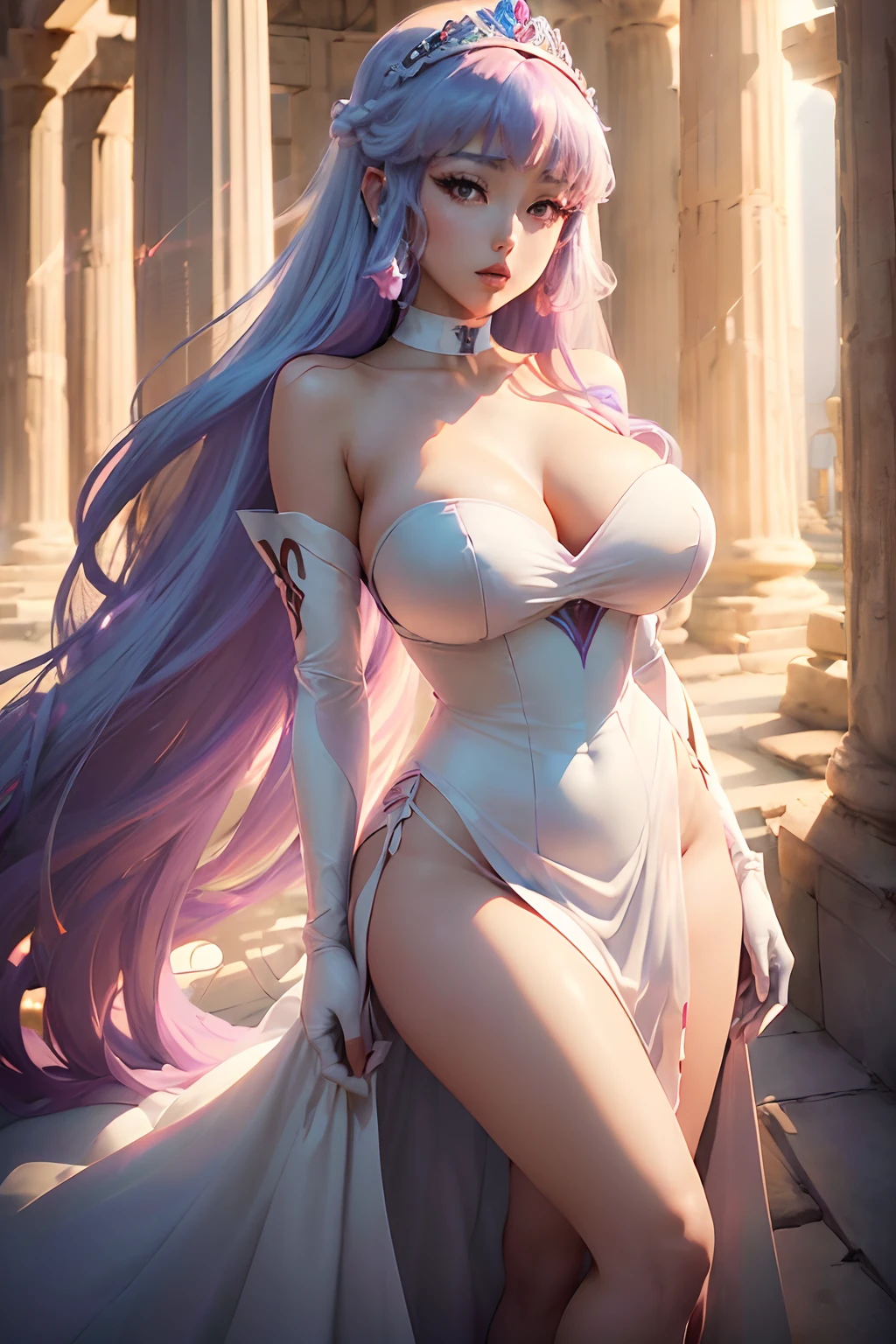 ((Saori kidoh from saint seiya animated series)) ((beautiful face)) (red lips) ((very long light purple straight hairstyle with bangs)) ((very huge breasts) (perfect slim body) ((wears strapless white long dress)) ((choker, tiara, gloves)) ((posing sexy insiide greek temple)) (high definition, dynamic lights and shadows) ((masterpiece)) (8k) (perfect face) (best quality) (perfect hands)