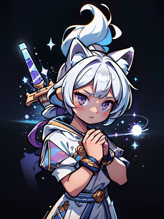 4K, Very detailed, add_detail:1, High quality, high resolution, Ultra-detailed, 8k, best quality, A wolf boy, white color, among several Resolution beams of light across the face blue and purple spots, cosmic dust, magical light, add_detail:2 , in his hand he holds a sword with rare jewels, blue particles,