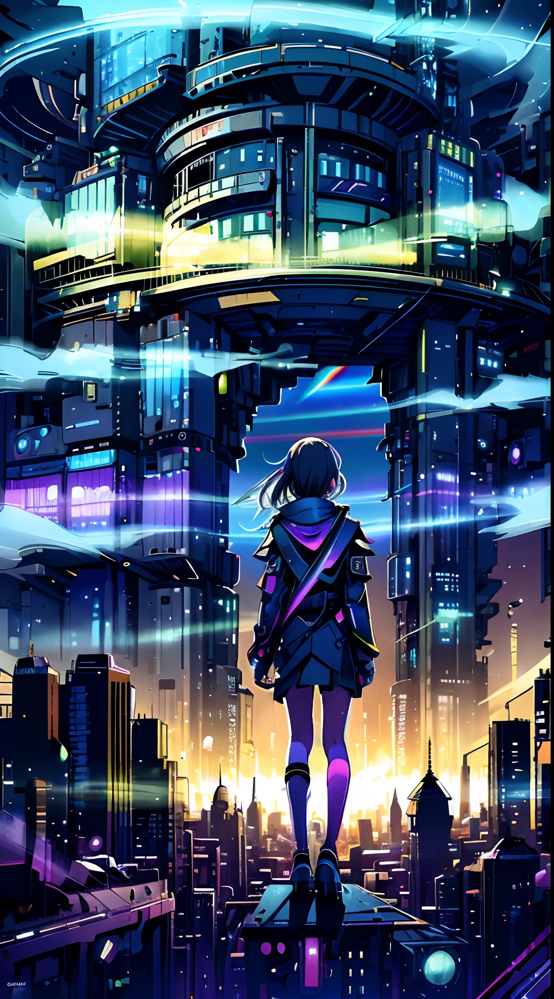 In a dystopia, ((psychedelic rainbow shooting star sky))A girl wanders into a futuristic skyscraper、One littl's back in the back center of the screen、Very complex futuristic cyber cityscape、A devastated world、Pulling composition、industrial、High-definition depiction、A city lined with electric wires、Magic Hour、Make a story with 4 sheets