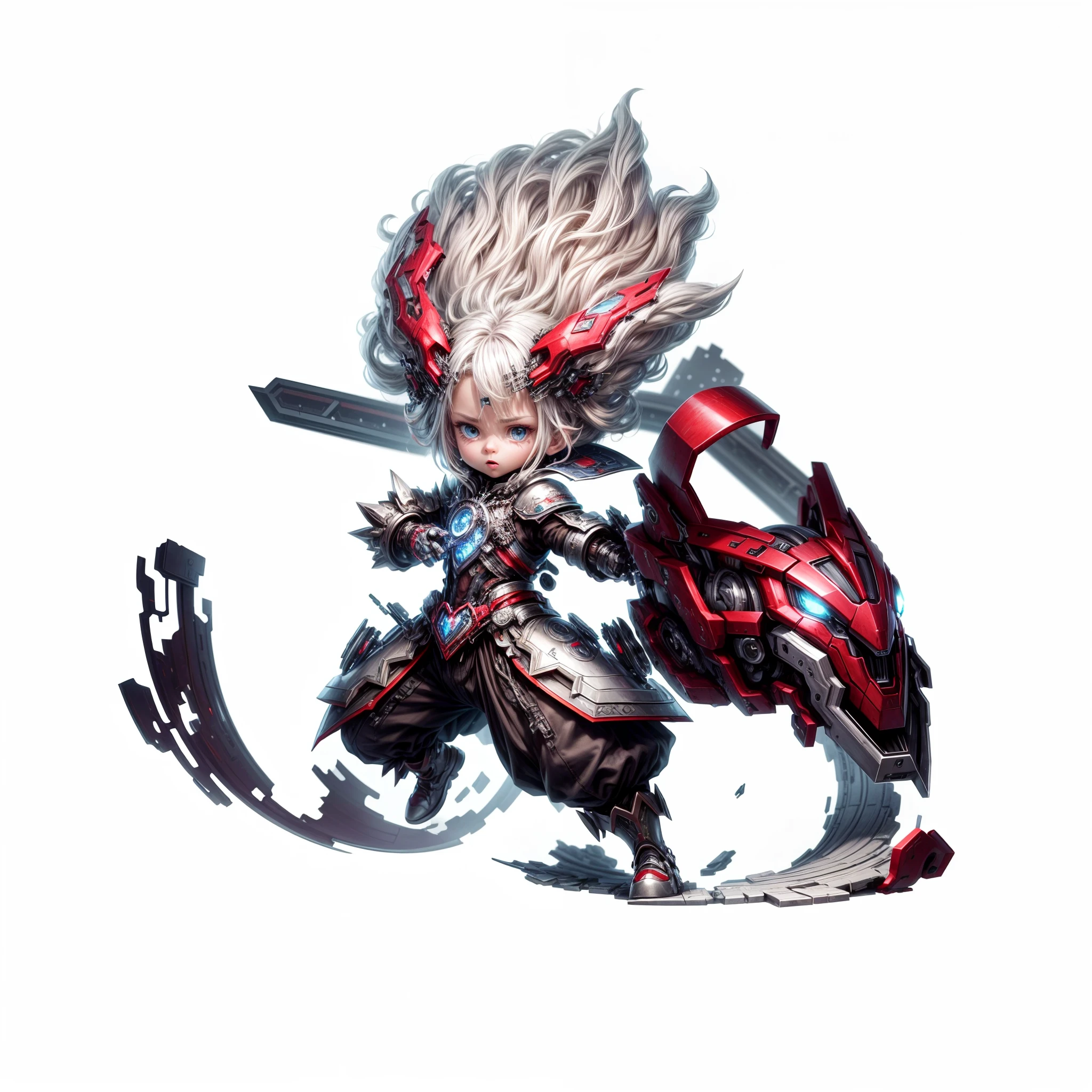 (best qualtiy,8K,32K,tmasterpiece,hyper HD:1.2),Official product graphic,high detal,illustration,Perfect background,Clear detail,Up,silvery white hair,Red broken corners,Mechanical claws