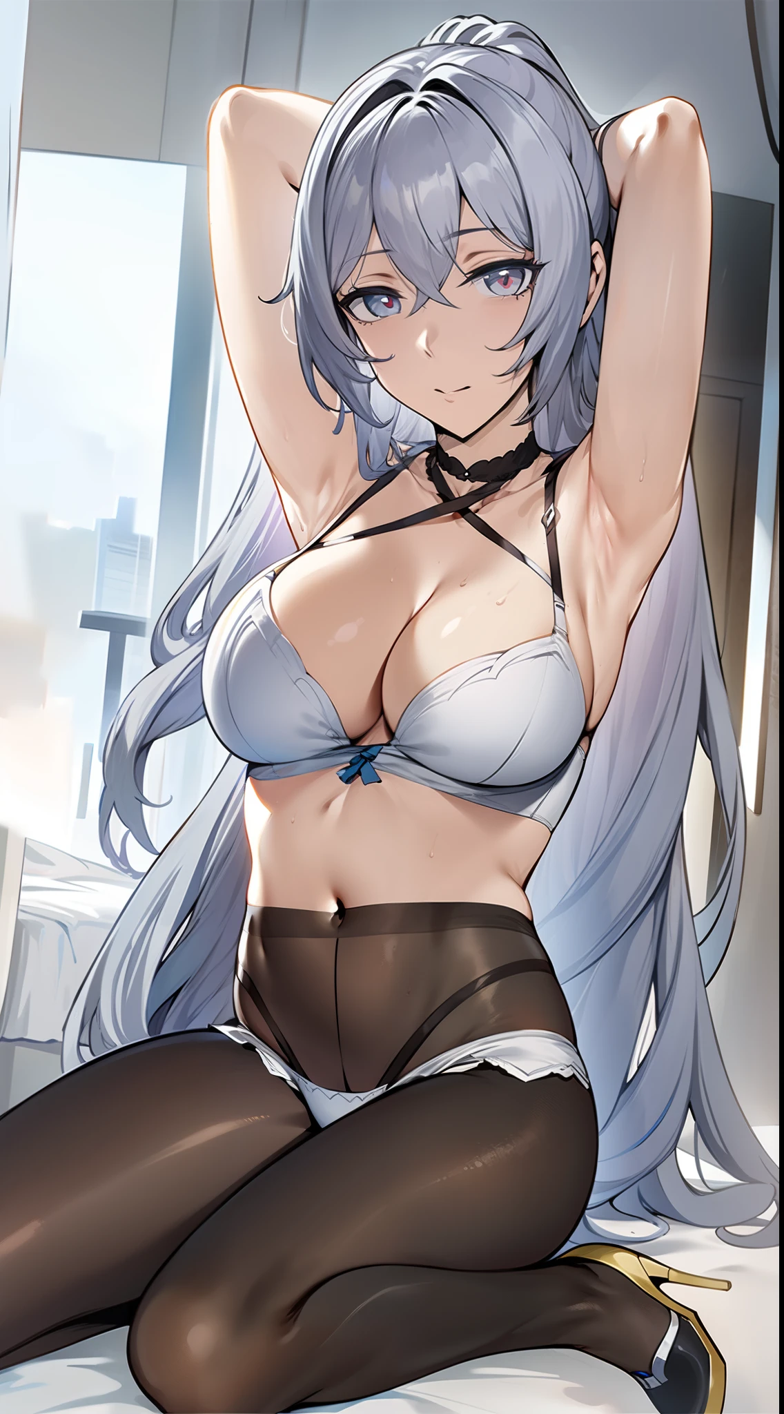 2D, HD, Detailed details, top-quality, ultra-detailed, Highly detailed, masterpiece, best quality, high res, solo, 1girl, bronya-OL2, solo, thighband pantyhose, full body, high heels, depth of field, looking at the viewer, anime-styled, (large breasts), expressionless, close mouth, shiny skin, ((hand over head)), sitting, armpit, gray hair, arms_up, navel, white bra, white panty, on bed,