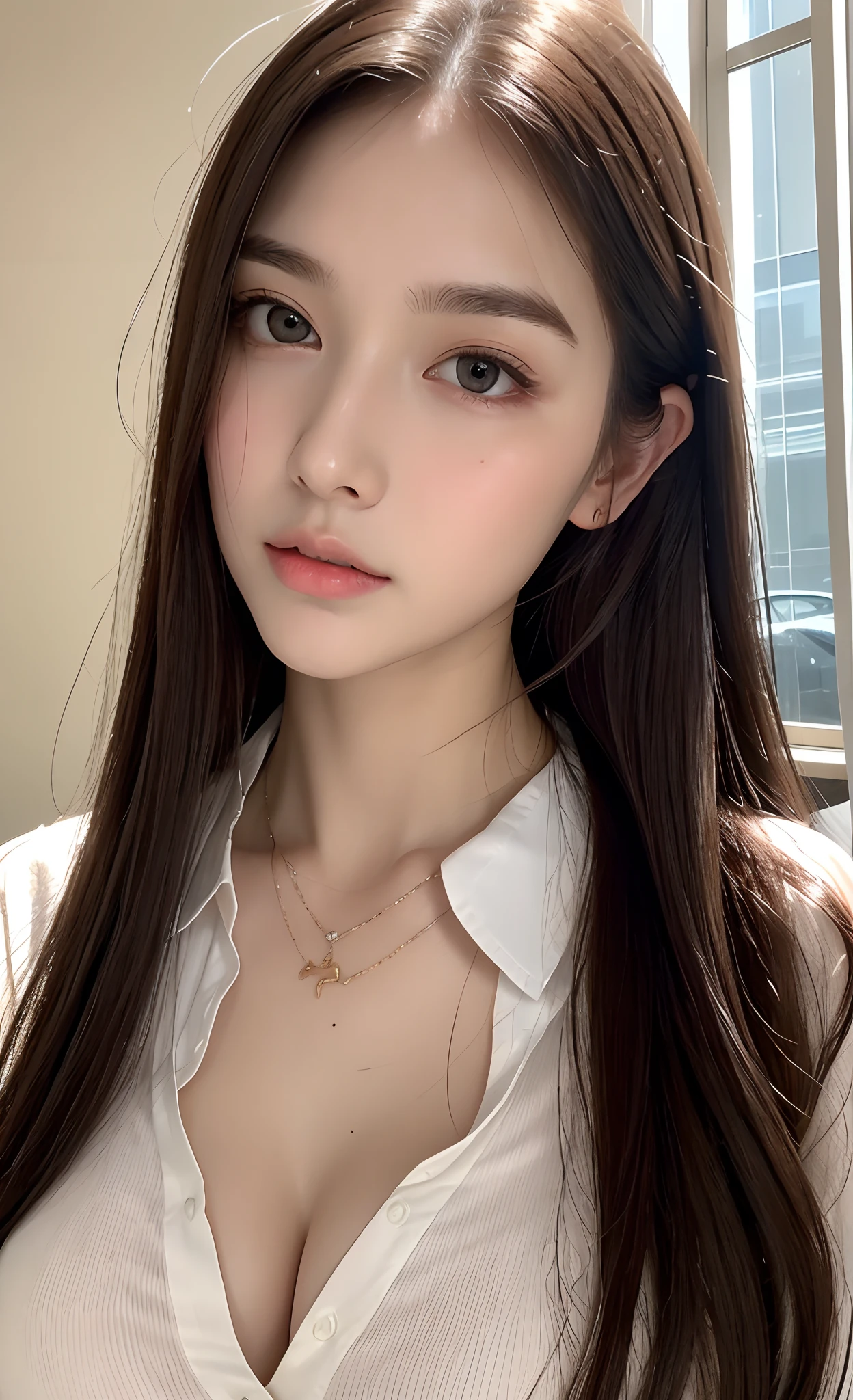 8K, Top image quality、RAW photography、超A high resolution、A pretty girl、Colossal tits:1.3、nedium breasts:1.3 , ((Open shirt show )), (Detailed clothing transportation for parents), (Delicate white skirt), full bodyesbian, White skin of the、Shiny white skin、(Wavy blonde hair)、Dark brown hair、Dark brown hair、beautiful eyes of random colors、Very thin lips, finedetail、Elongated eyes、pale pink blush、long eyelasher、beautiful double eyelid、eye shadows、Main office、Lighting that emphasizes beautiful skin、Glossy glossy skin