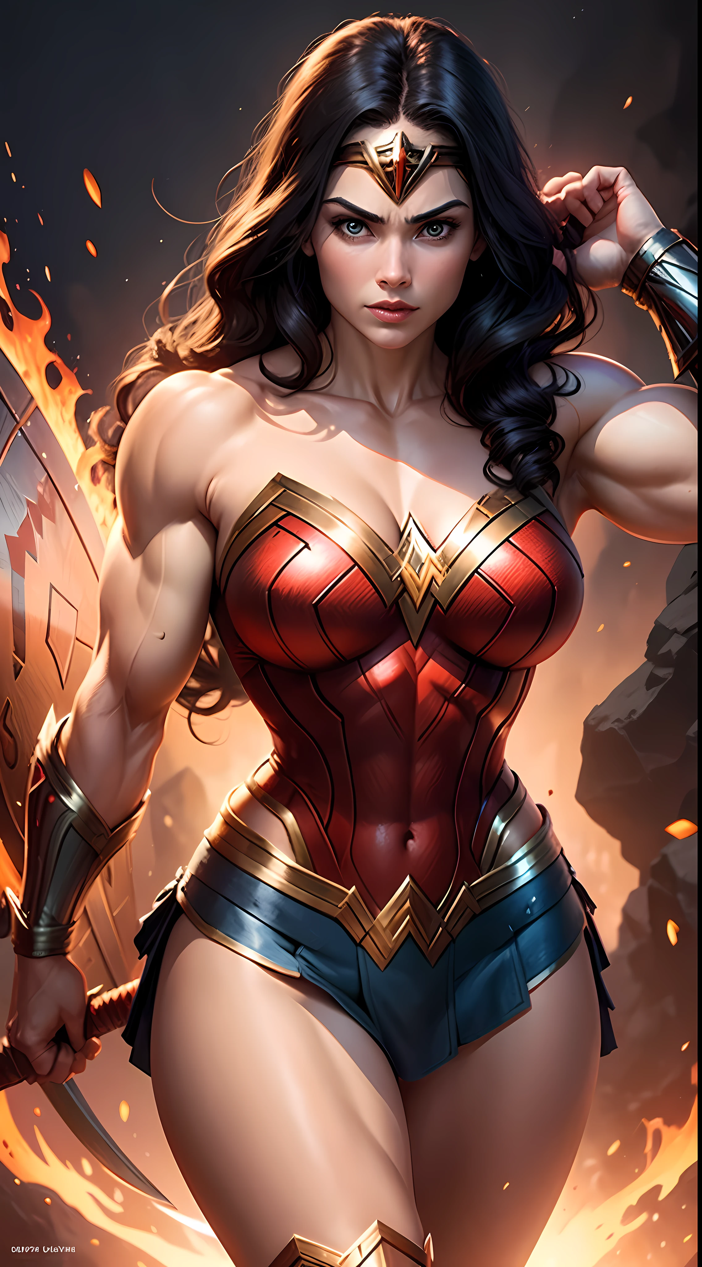 Omnipotent muscular Wonder Woman, lava background, super strong huge biceps, sword and shield