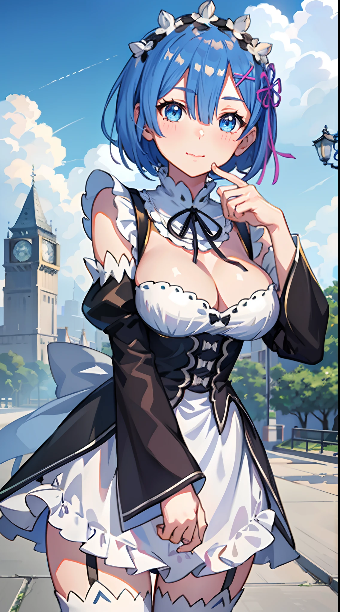 (best quality:1.3), (4k quality), 1 mature woman, rem by re:zero, ((Detailed face)), (blush), city,