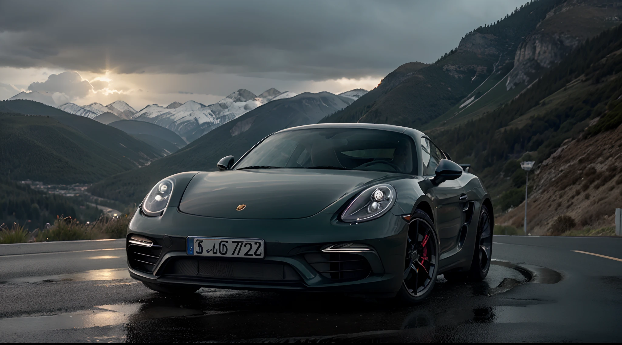 Dark green Porsche 718 Cayman with headlight and flashlight on, running on a rainy road, on a cliff with mountains in the background, around 5pm in the afternoon in Europe. Volumetric light, cinematic photography, cold light, CGI, UHD, maximum details in the car's reflection, maximum details in the tires, maximum details in the car's metal and texture, maximum details in the car's lights, front view for camera.