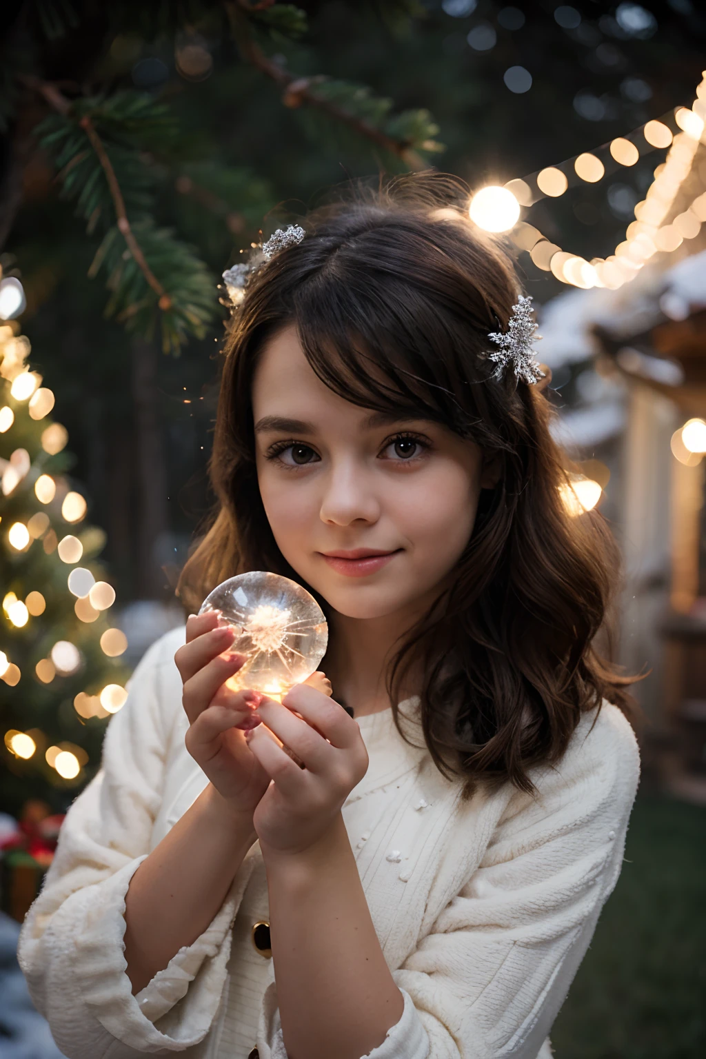 in vintage style,Crystal snowball in hand for Christmas gift, Place Christmas decorations on pine trees, Lights in the background, bokeh style, half-length shot, high-quality photo