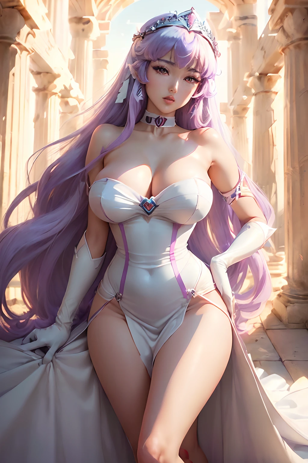 ((Saori kidoh from saint seiya animated series)) ((beautiful face)) (red lips) ((very long light purple straight hairstyle with bangs)) ((very huge breasts) (perfect slim body) ((wears strapless white long dress)) ((choker, tiara, gloves)) ((posing sexy insiide greek temple)) (high definition, dynamic lights and shadows) ((masterpiece)) (8k) (perfect face) (best quality) (perfect hands)